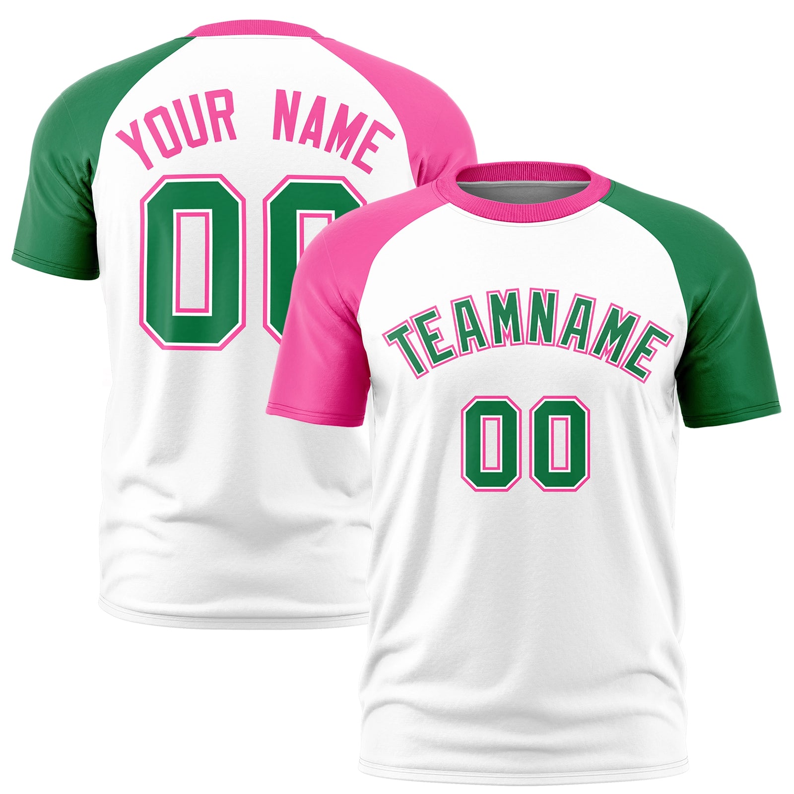 Custom White Pink-Kelly Green Crew Neck Two Tone Sleeve Design  Performance T-Shirt