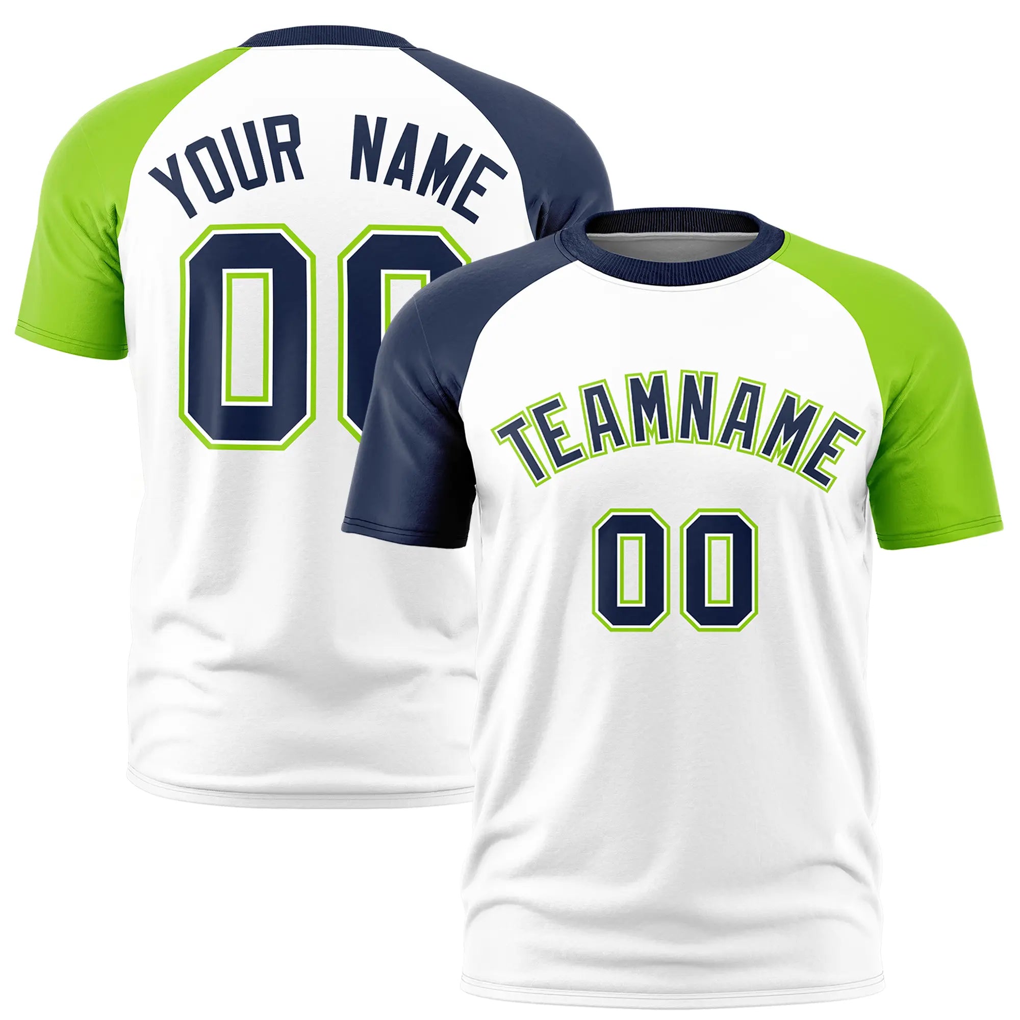 Custom White Navy-Neon Green Crew Neck Two Tone Sleeve Design  Performance T-Shirt