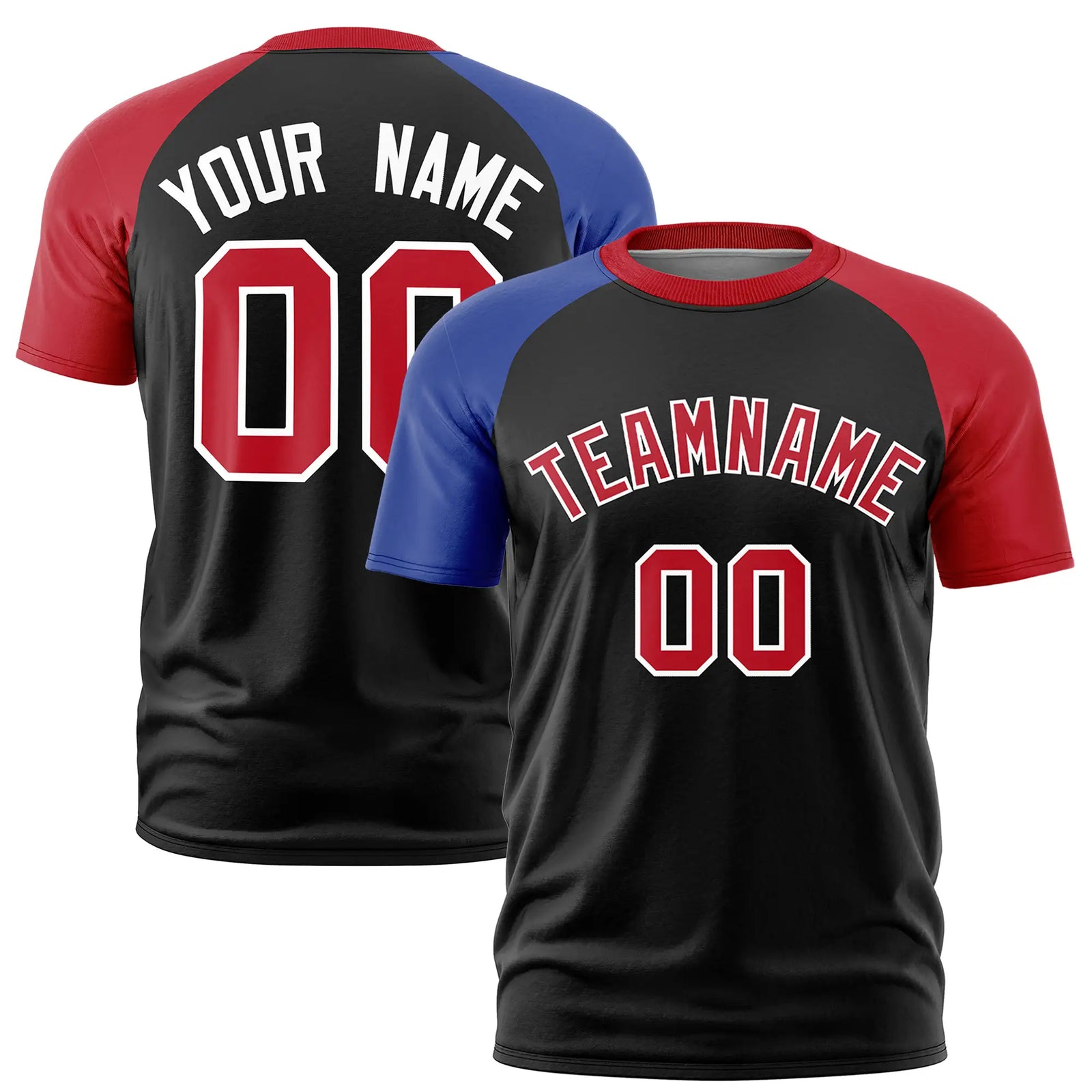 Custom Black Royal Blue-Red Crew Neck Two Tone Sleeve Design  Performance T-Shirt