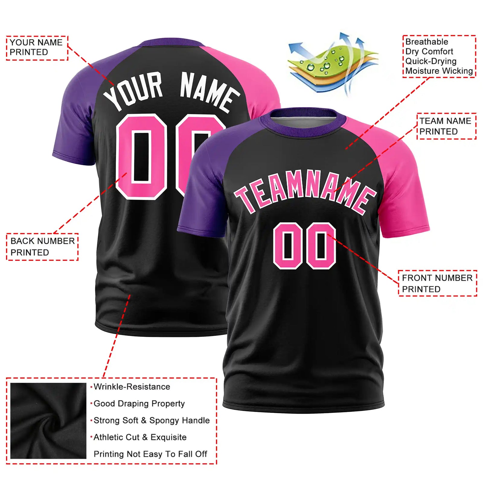 Custom Black Purple-Pink Crew Neck Two Tone Sleeve Design  Performance T-Shirt