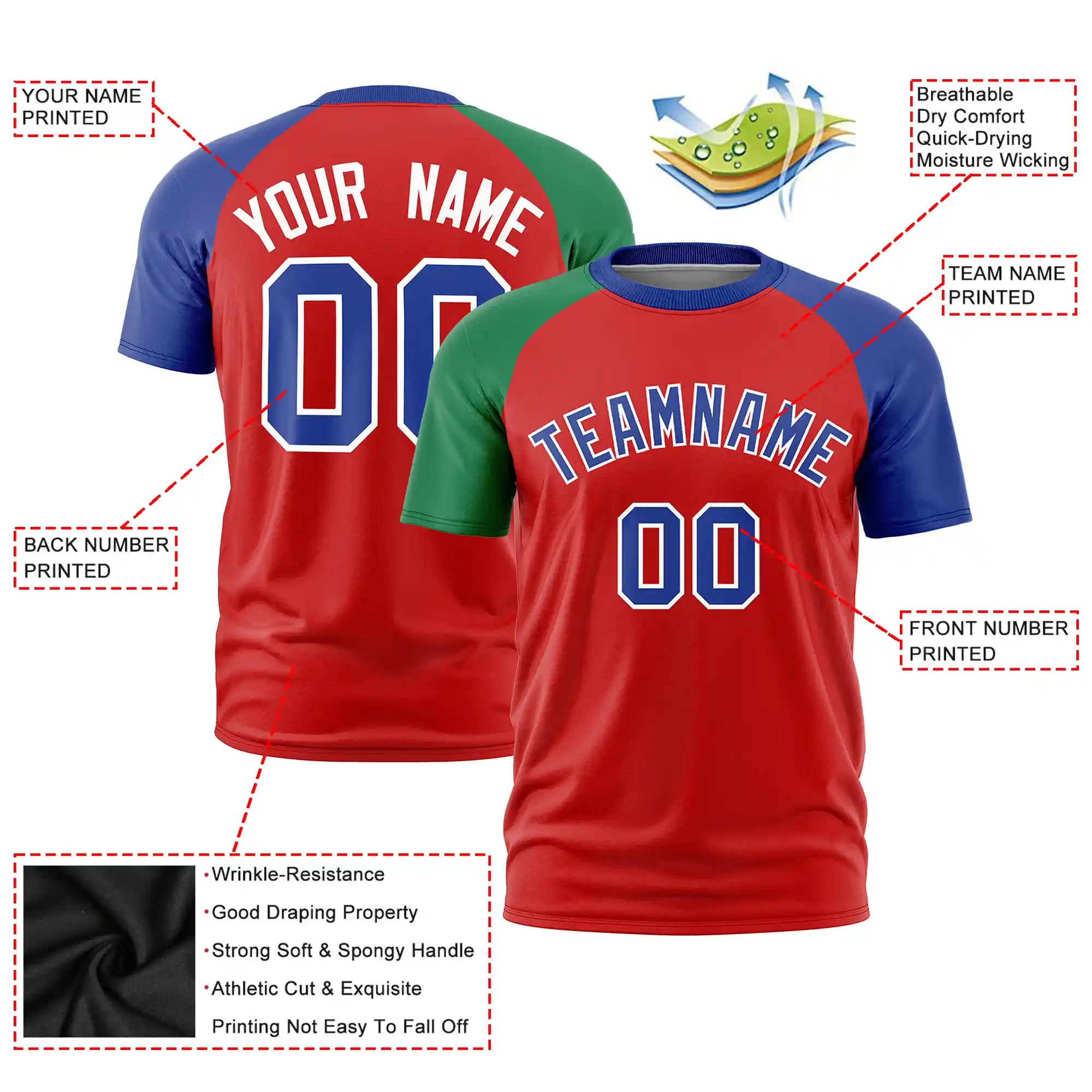 Custom Red Kelly Green-Royal Blue Crew Neck Two Tone Sleeve Design  Performance T-Shirt