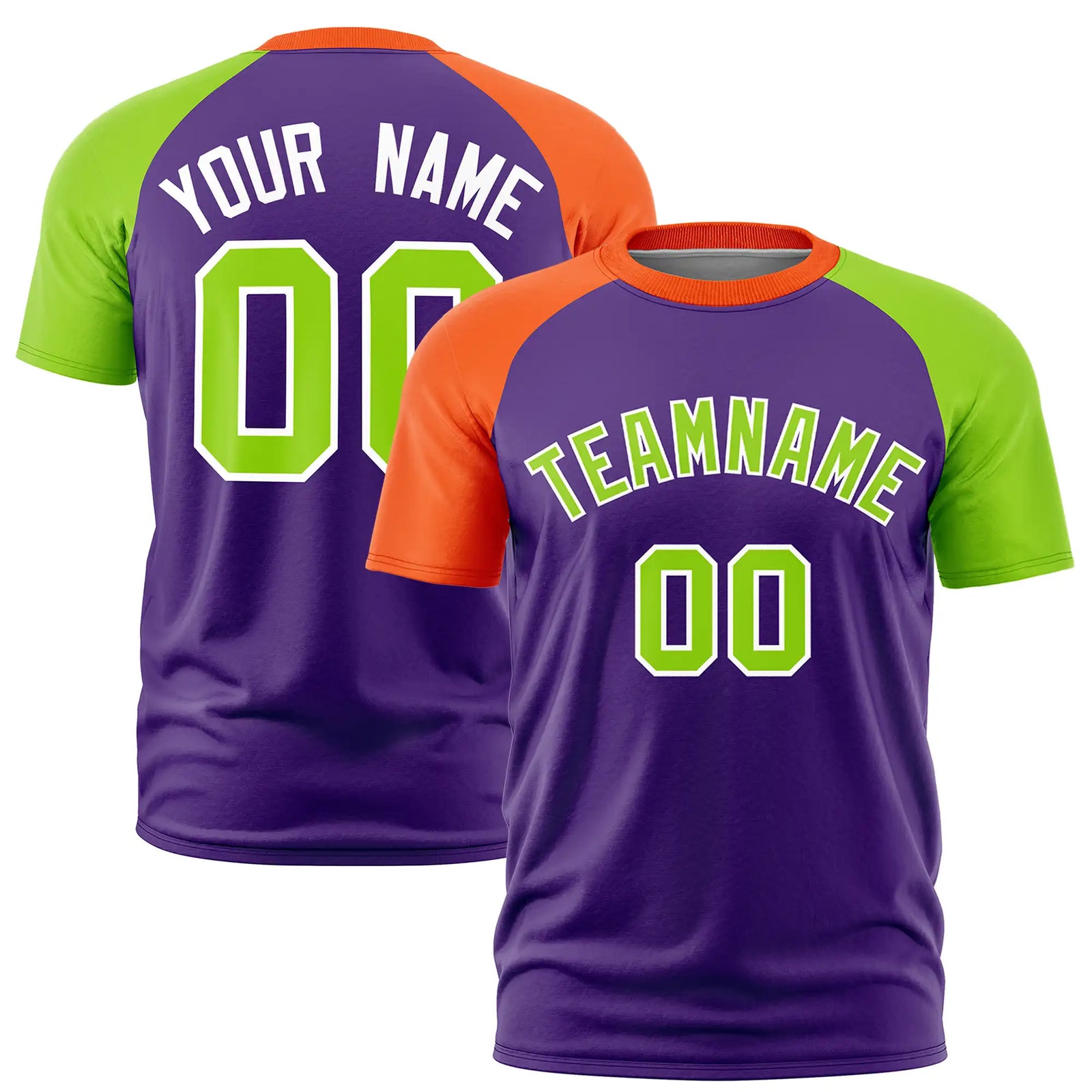 Custom Purple Orange-Neon Green Crew Neck Two Tone Sleeve Design  Performance T-Shirt