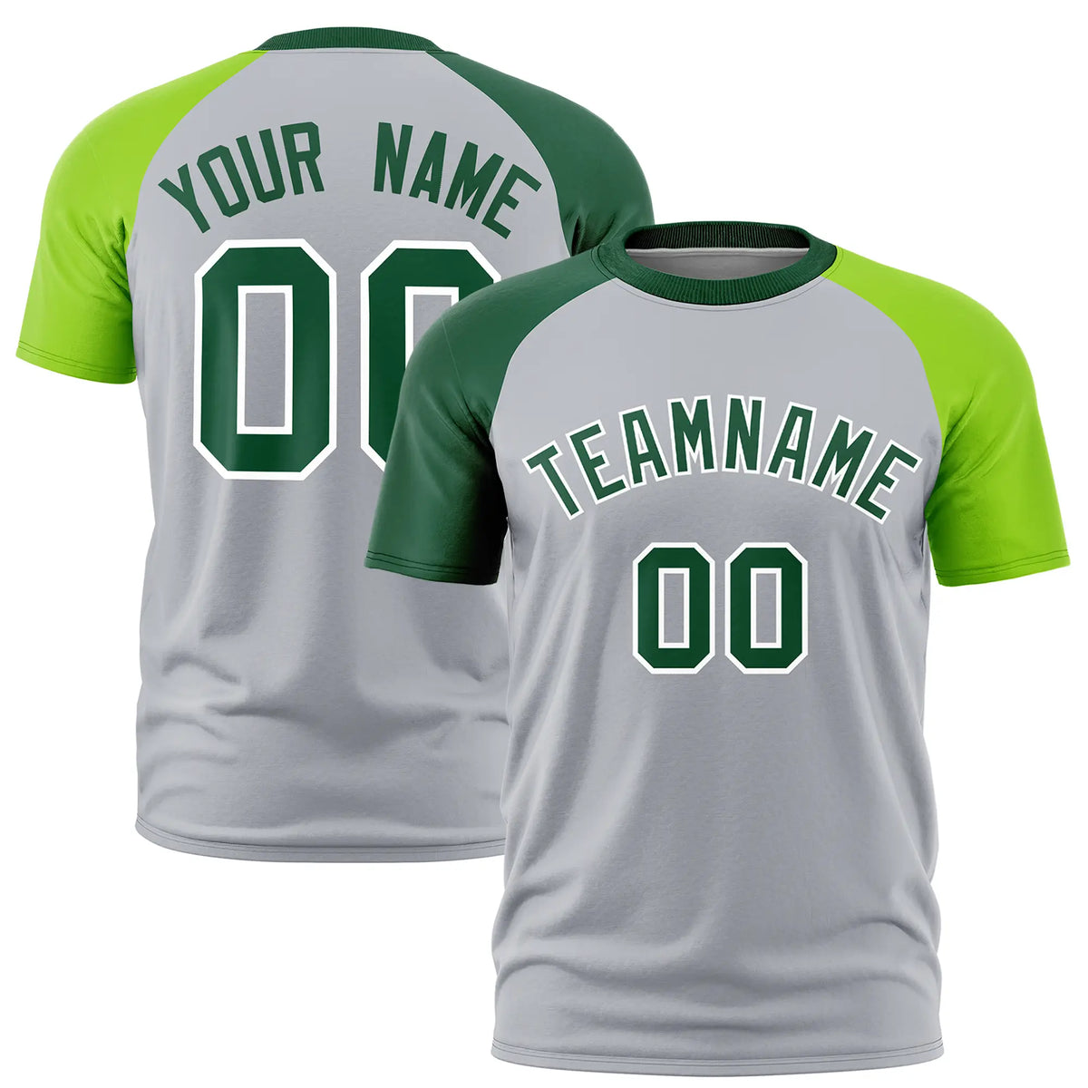 Custom Gray Green-Neon Green Crew Neck Two Tone Sleeve Design  Performance T-Shirt