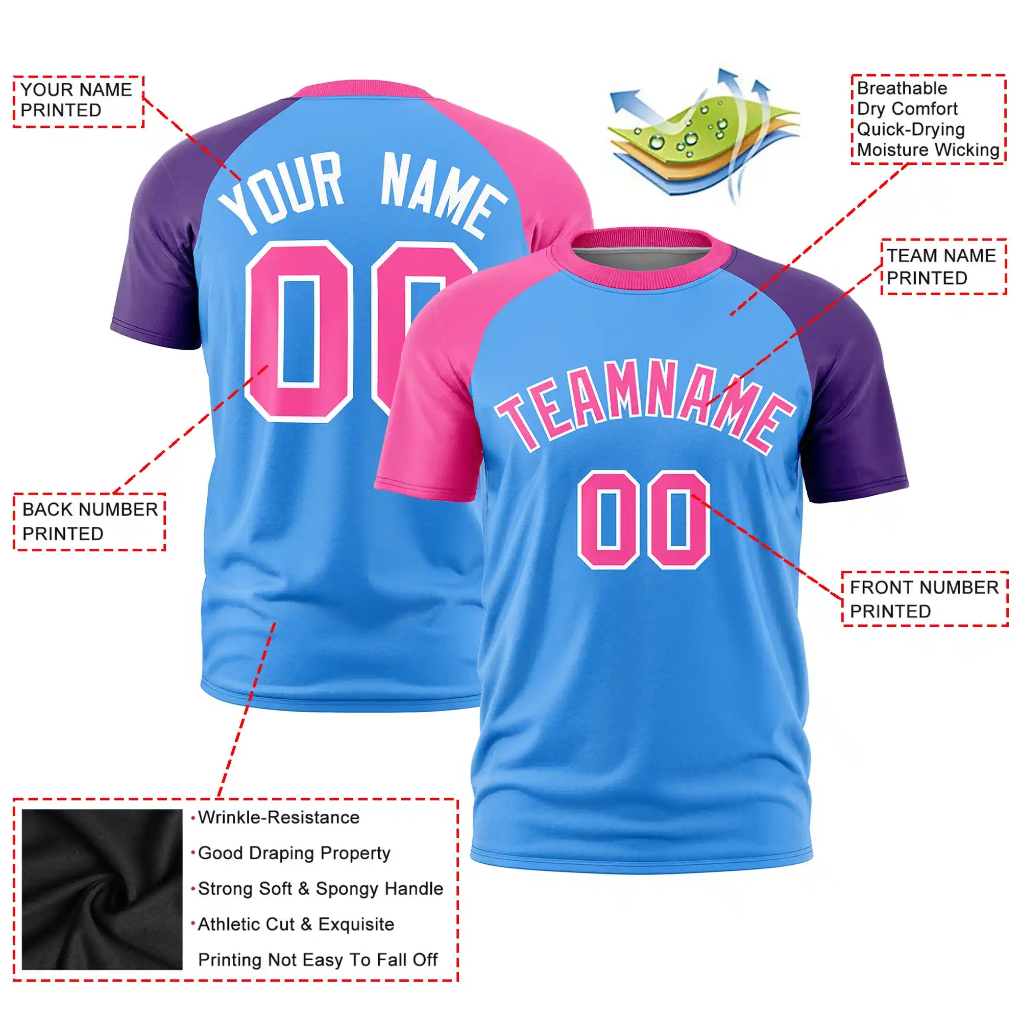 Custom Powder Blue Pink-Purple Crew Neck Two Tone Sleeve Design  Performance T-Shirt