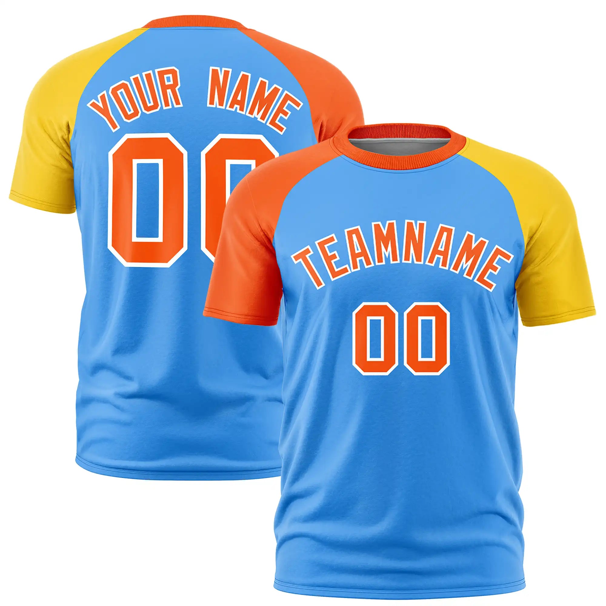 Custom Powder Blue Orange-Gold01 Crew Neck Two Tone Sleeve Design  Performance T-Shirt