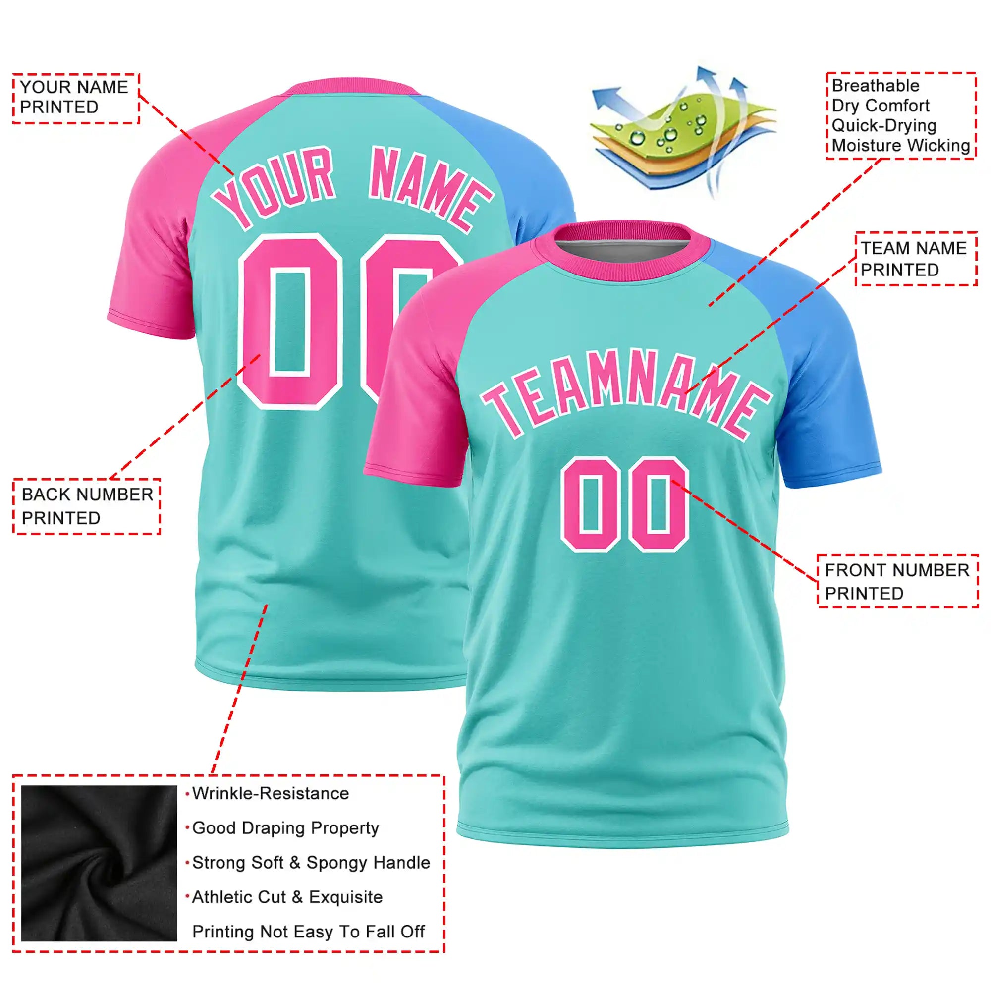 Custom Bright Green Pink-Powder Blue Crew Neck Two Tone Sleeve Design  Performance T-Shirt