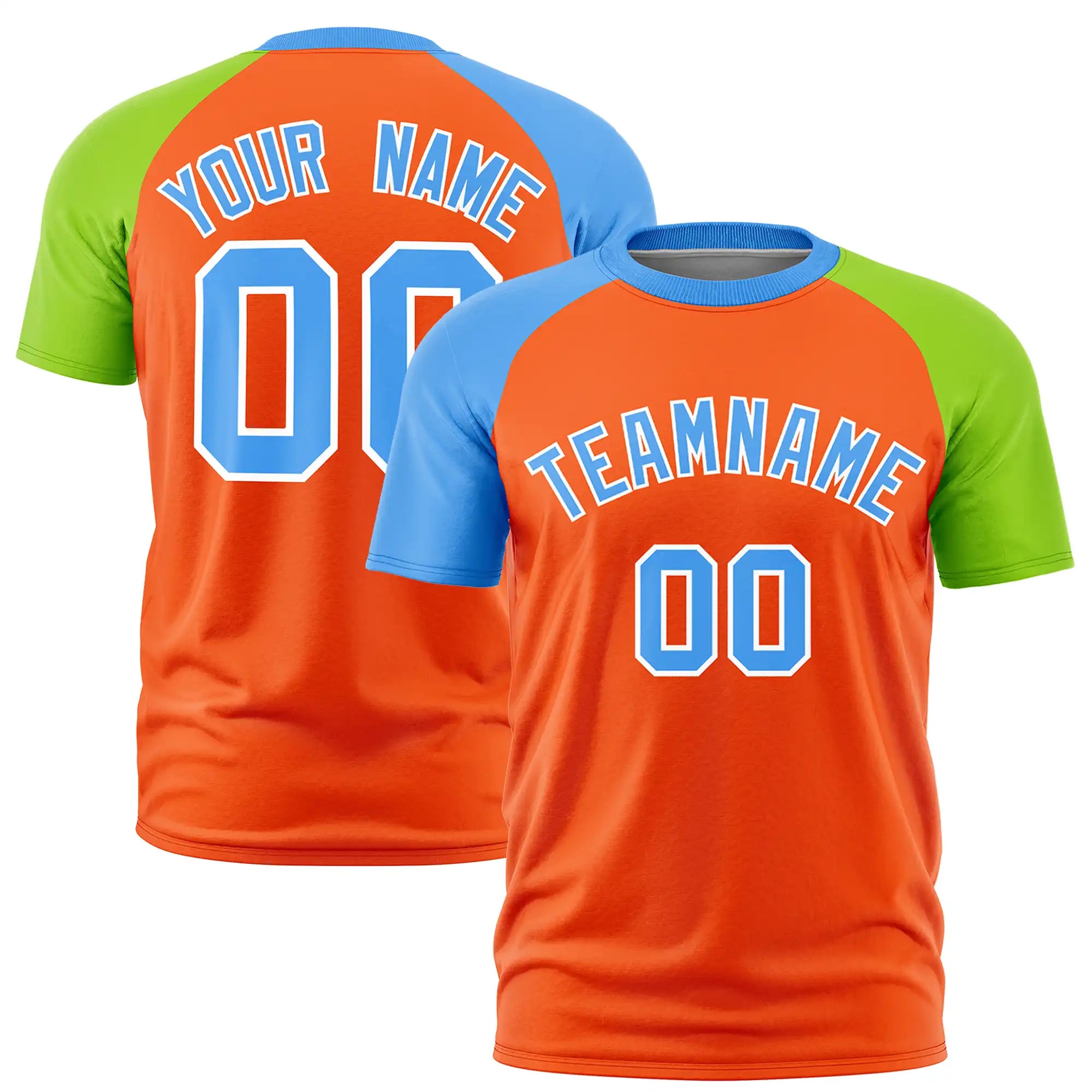 Custom Orange Powder Blue-Neon Green Crew Neck Two Tone Sleeve Design  Performance T-Shirt