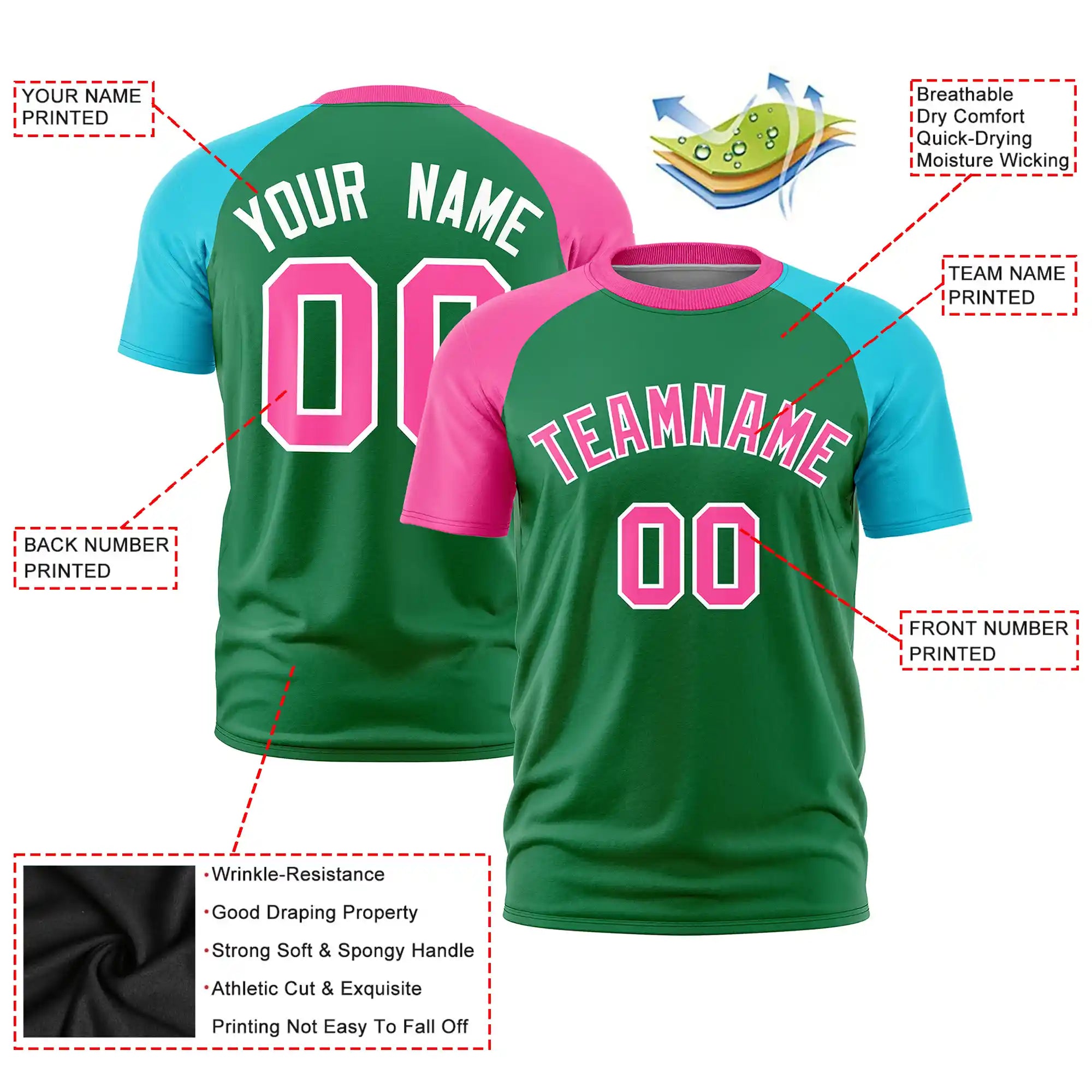 Custom Kelly Green Pink-Sky Blue Crew Neck Two Tone Sleeve Design  Performance T-Shirt