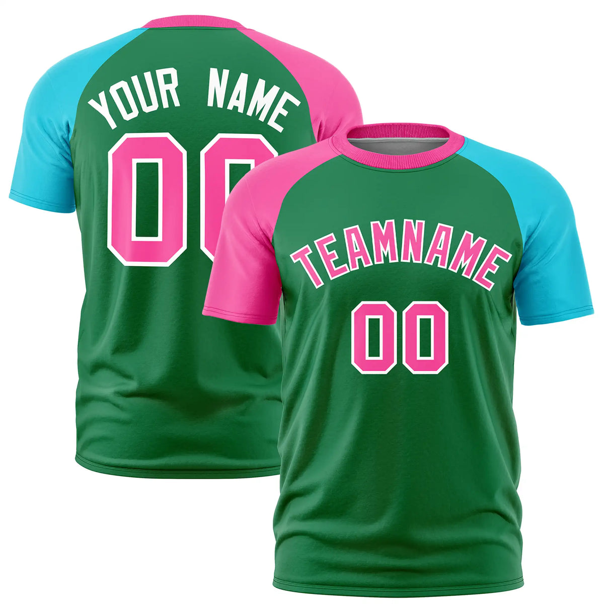 Custom Kelly Green Pink-Sky Blue Crew Neck Two Tone Sleeve Design  Performance T-Shirt