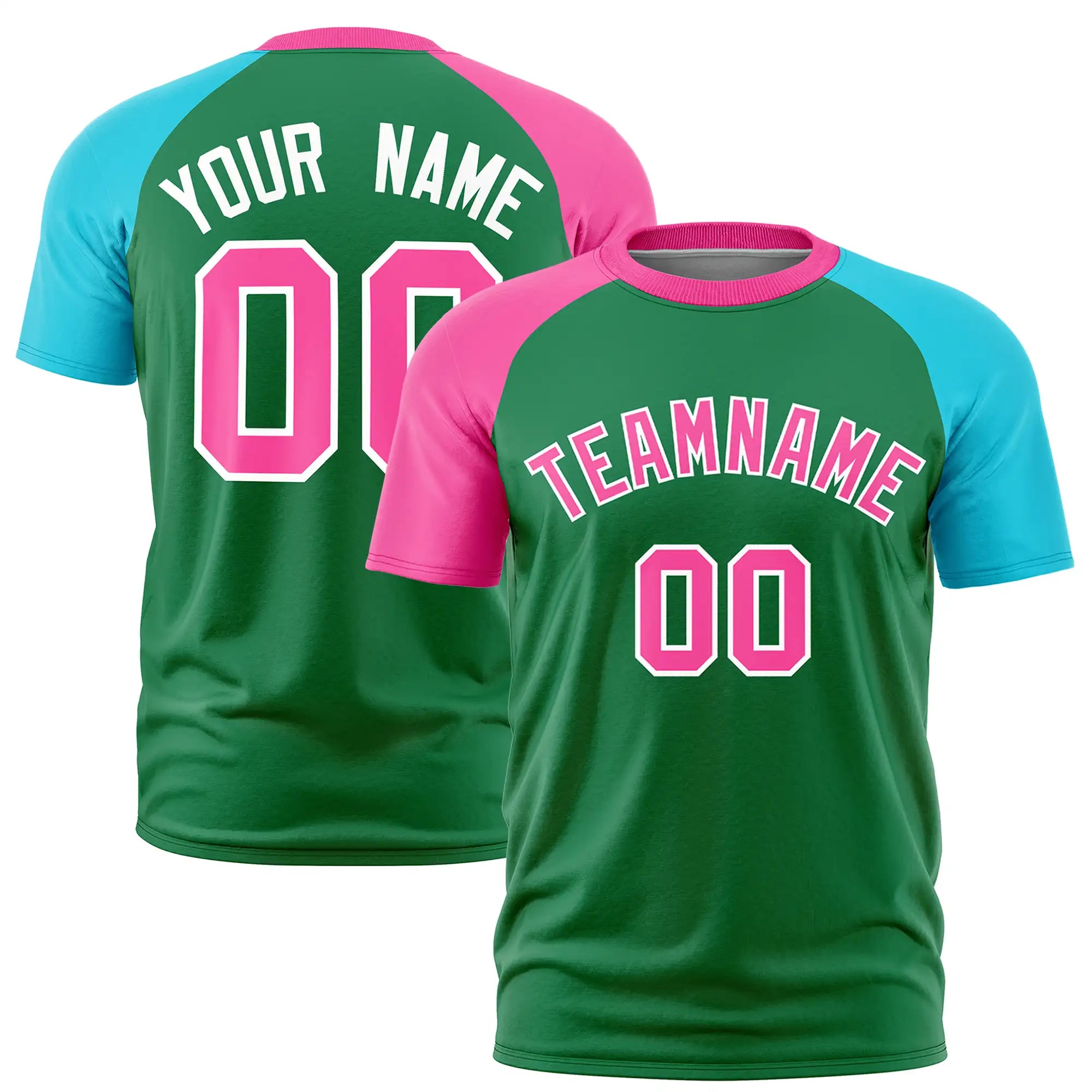 Custom Kelly Green Pink-Sky Blue Crew Neck Two Tone Sleeve Design  Performance T-Shirt