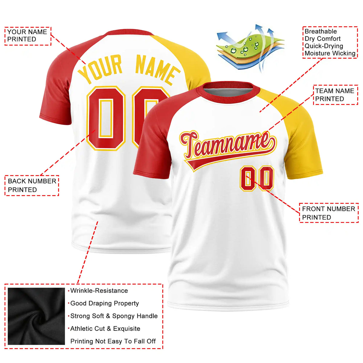 Custom White Red-Gold01 Crew Neck Two Tone Sleeve Design  Performance T-Shirt