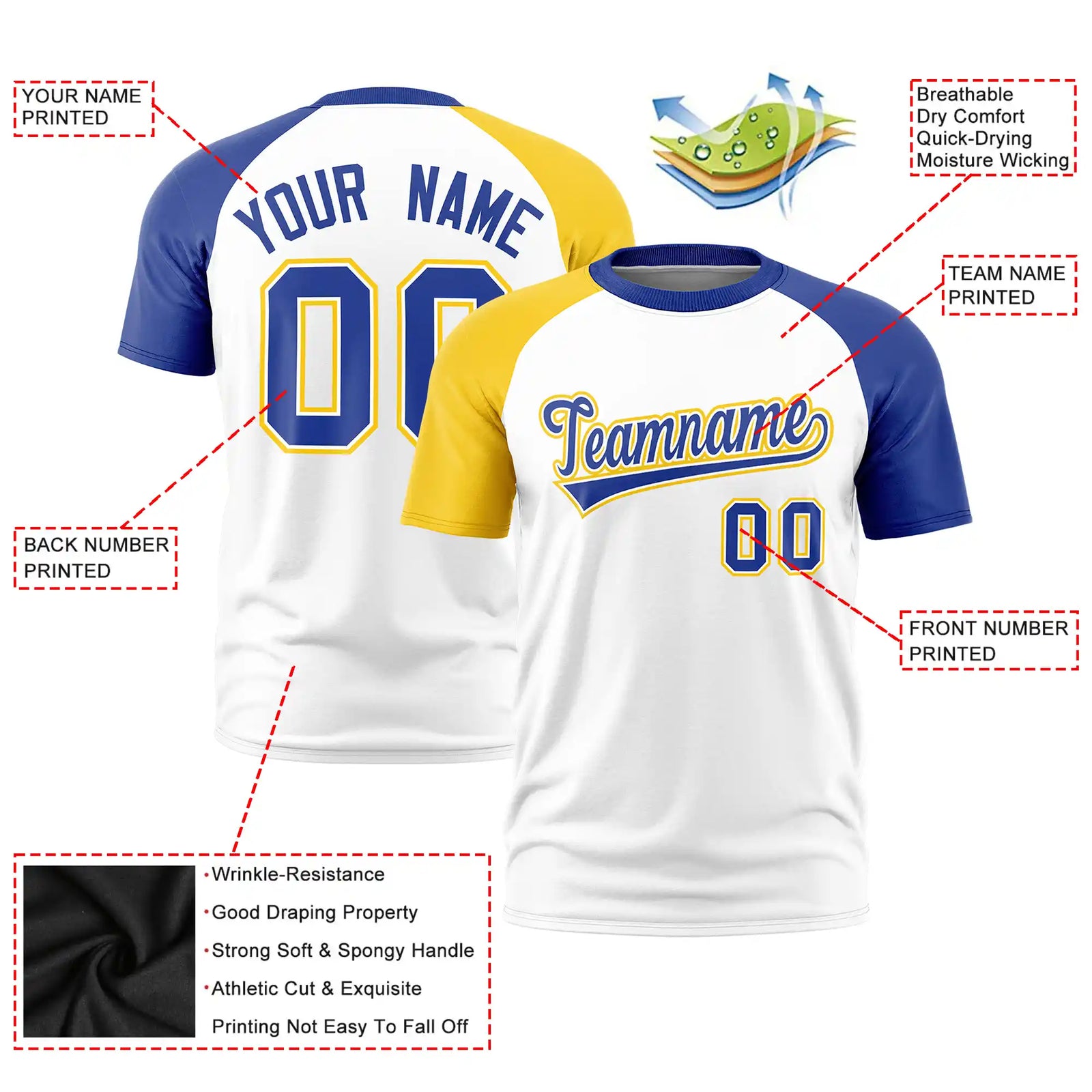 Custom White Gold01-Royal Blue Crew Neck Two Tone Sleeve Design  Performance T-Shirt