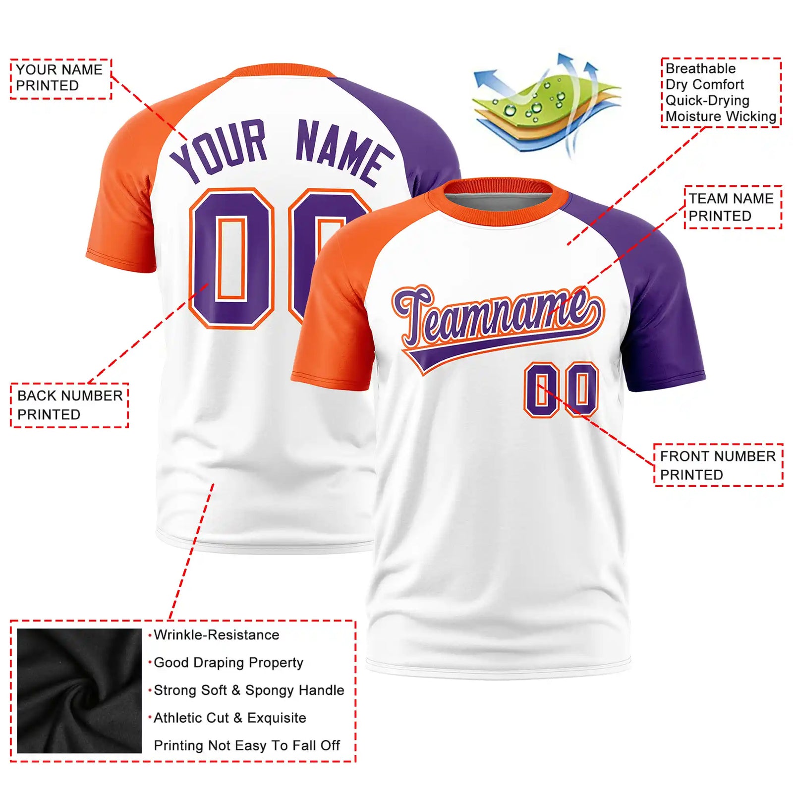 Custom White Orange-Purple Crew Neck Two Tone Sleeve Design  Performance T-Shirt