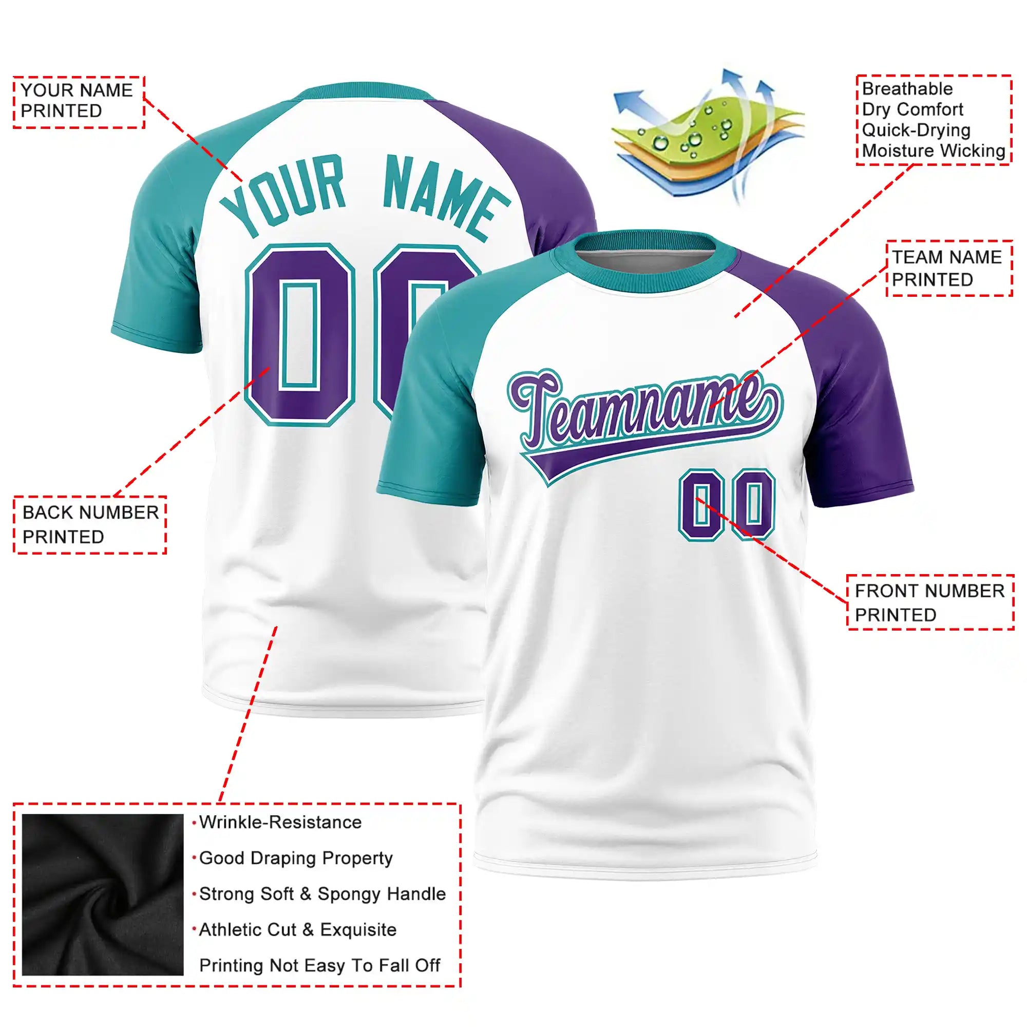 Custom White Aqua-Purple Crew Neck Two Tone Sleeve Design  Performance T-Shirt