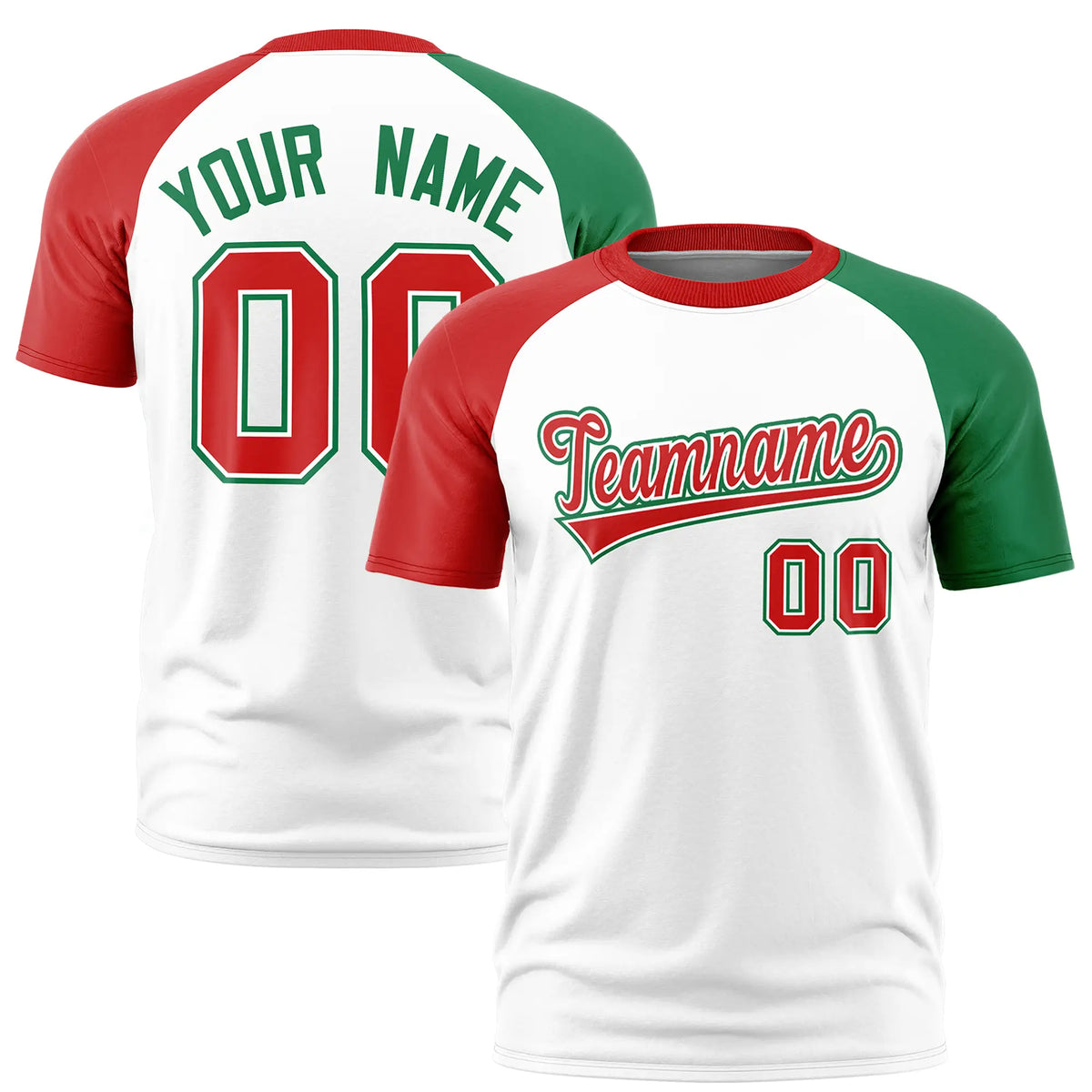 Custom White Red-Kelly Green Crew Neck Two Tone Sleeve Design  Performance T-Shirt