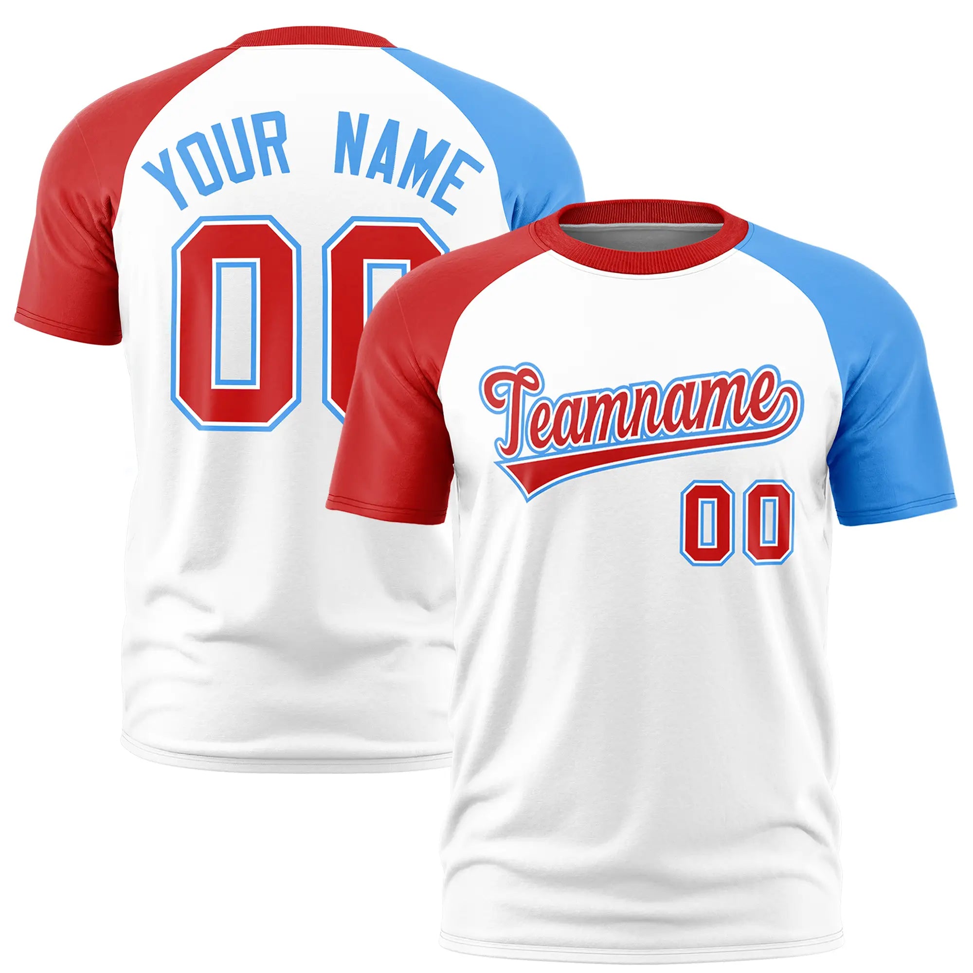 Custom White Red-Powder Blue Crew Neck Two Tone Sleeve Design  Performance T-Shirt