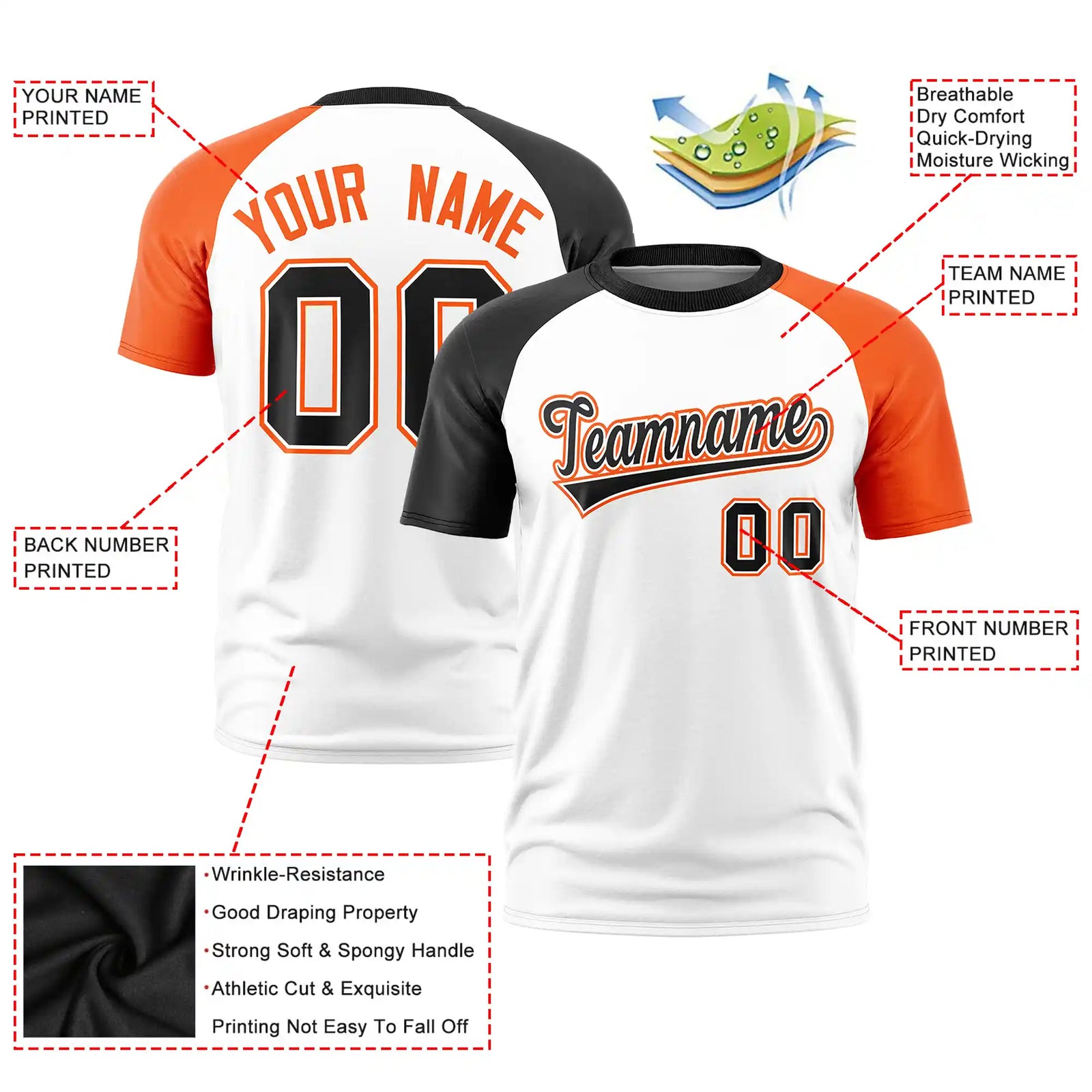 Custom White Black-Orange Crew Neck Two Tone Sleeve Design  Performance T-Shirt