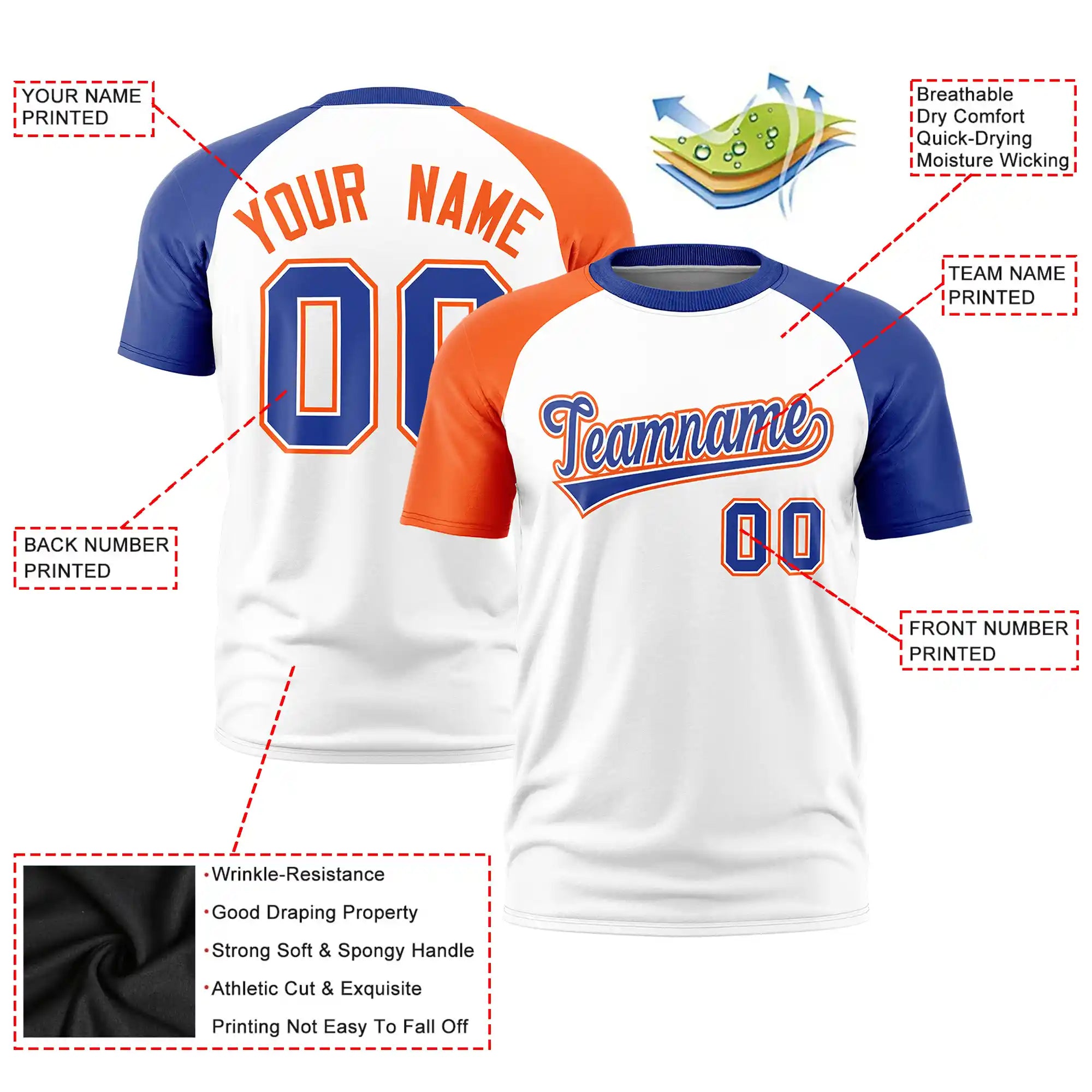 Custom White Orange-Royal Blue Crew Neck Two Tone Sleeve Design  Performance T-Shirt