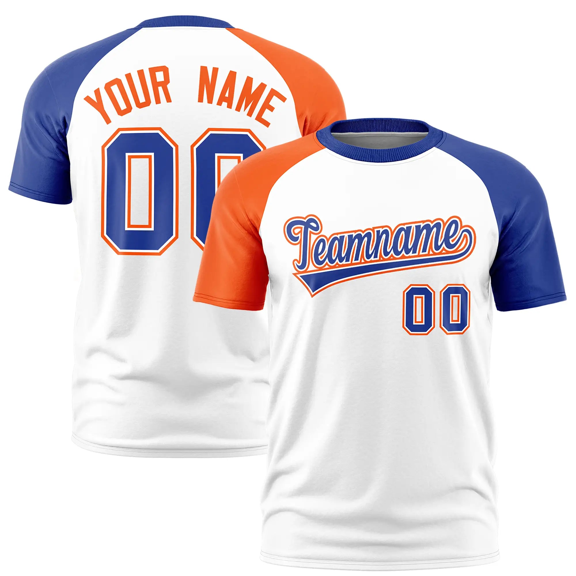 Custom White Orange-Royal Blue Crew Neck Two Tone Sleeve Design  Performance T-Shirt