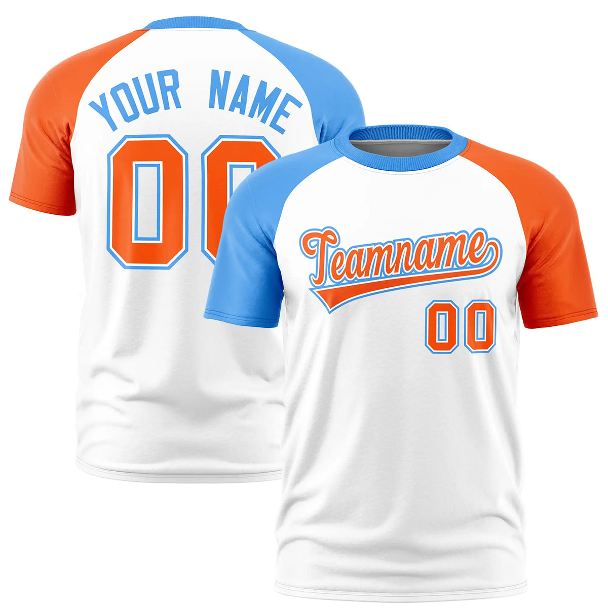 Custom White Powder Blue-Orange Crew Neck Two Tone Sleeve Design  Performance T-Shirt
