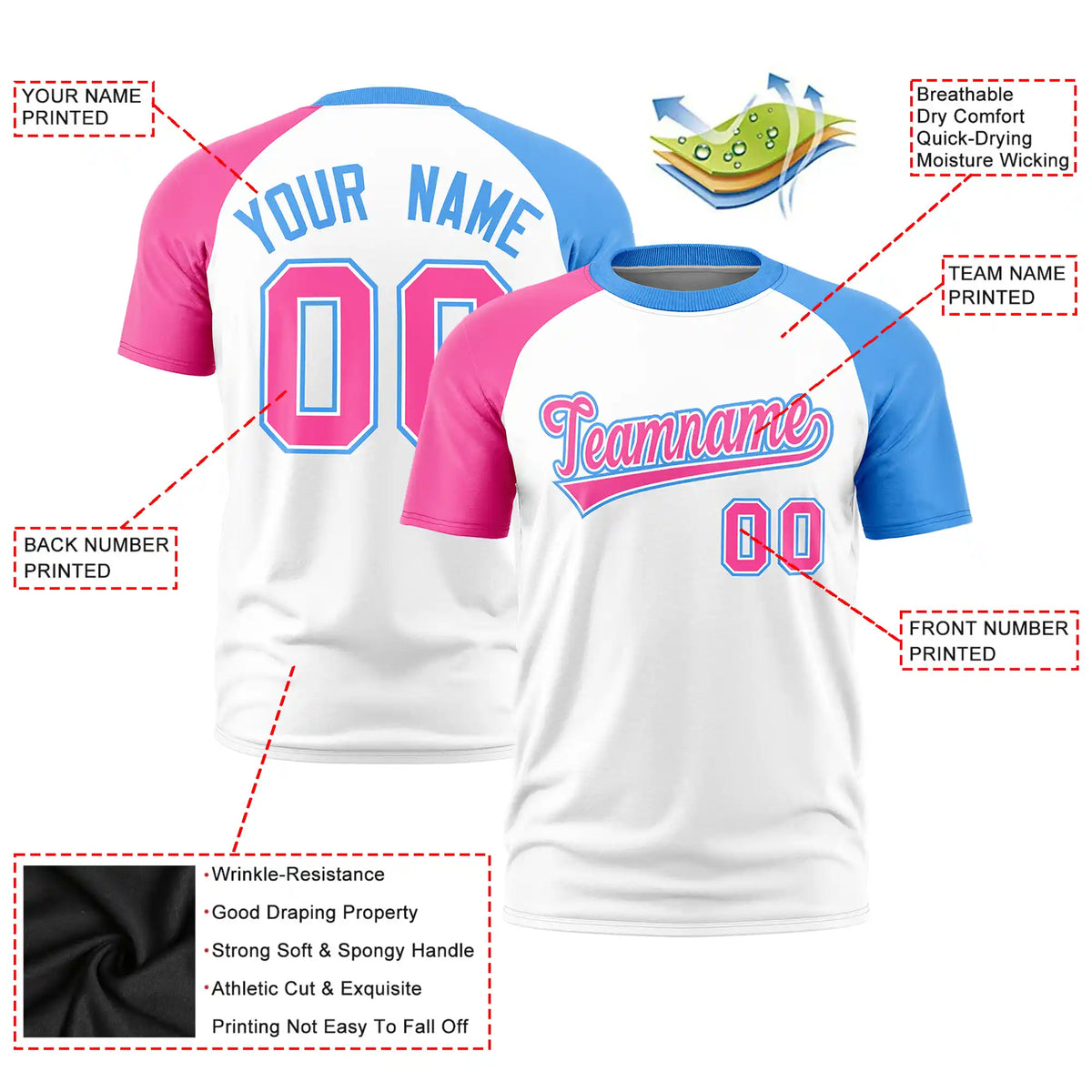 Custom White Pink-Powder Blue Crew Neck Two Tone Sleeve Design  Performance T-Shirt