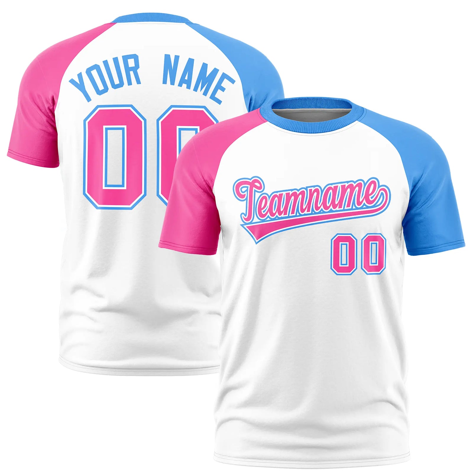 Custom White Pink-Powder Blue Crew Neck Two Tone Sleeve Design  Performance T-Shirt