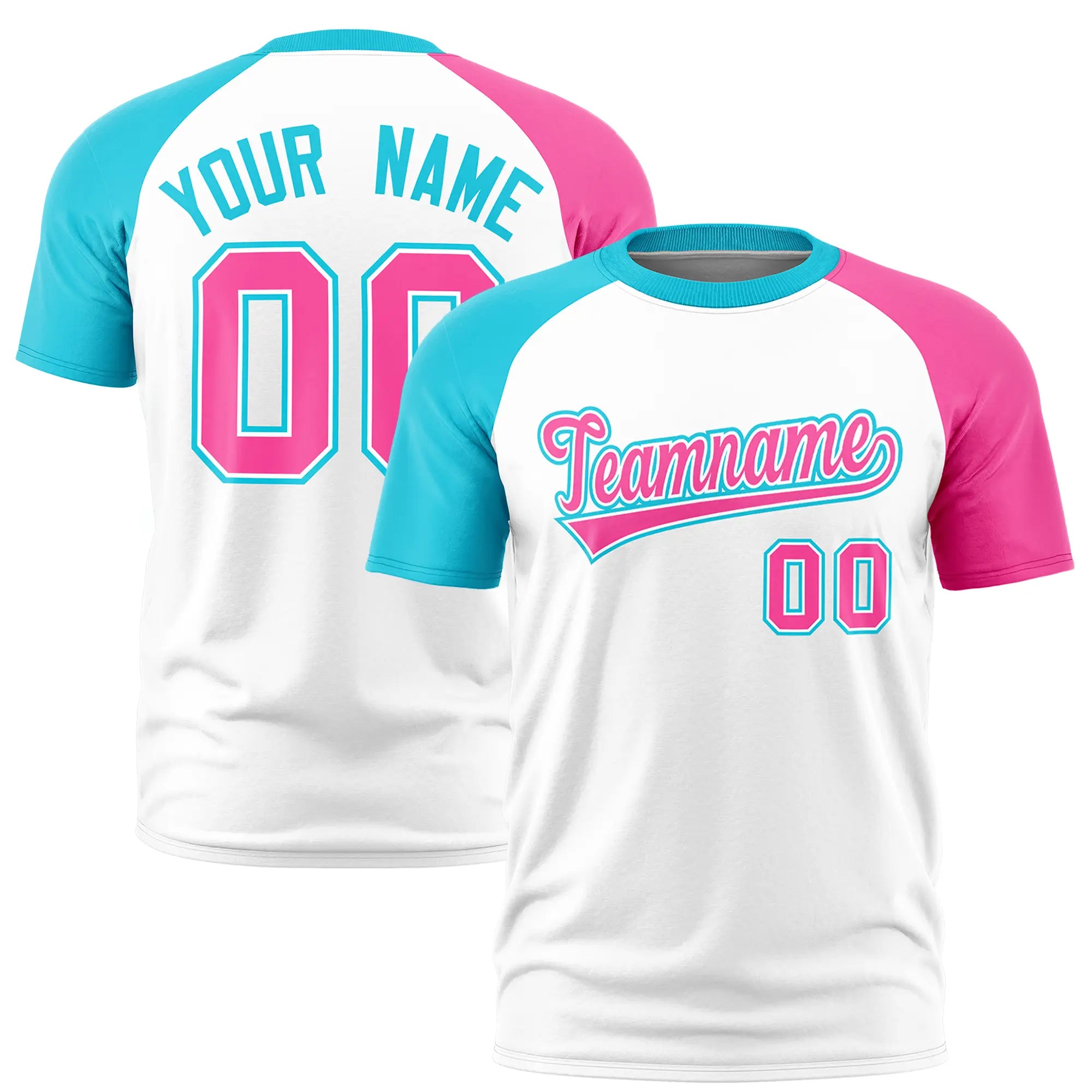 Custom White Sky Blue-Pink Crew Neck Two Tone Sleeve Design  Performance T-Shirt