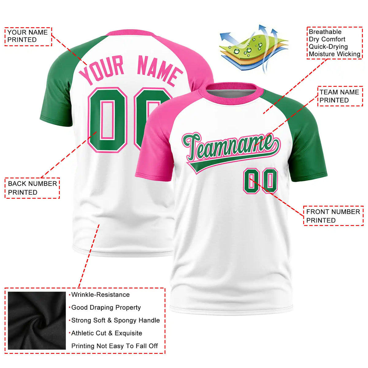 Custom White Pink-Kelly Green Crew Neck Two Tone Sleeve Design  Performance T-Shirt