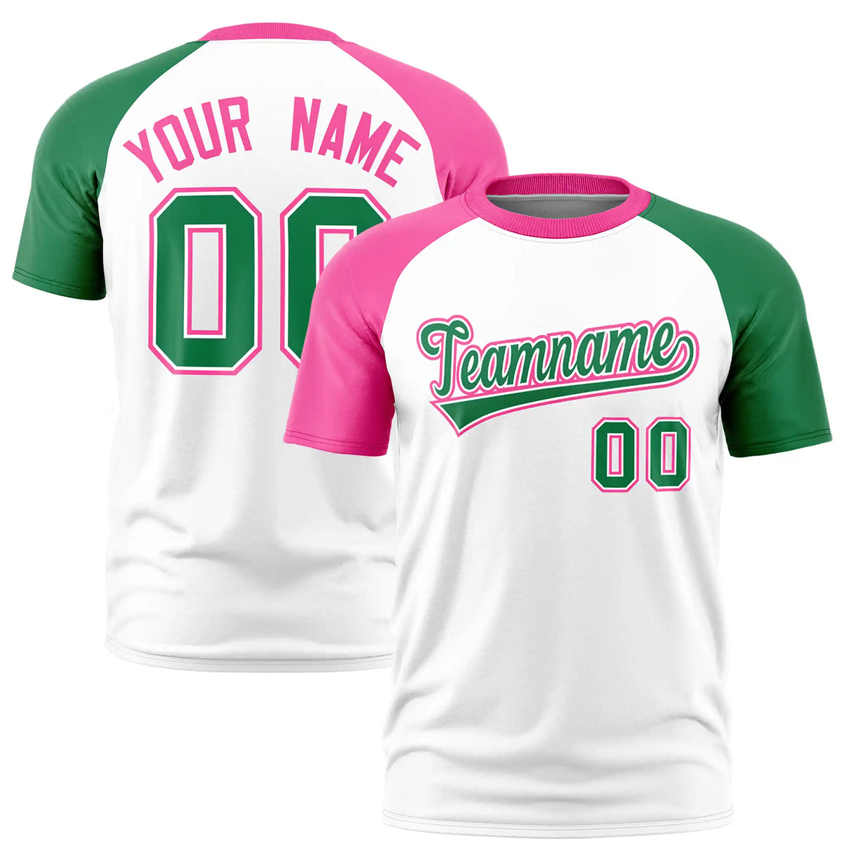 Custom White Pink-Kelly Green Crew Neck Two Tone Sleeve Design  Performance T-Shirt