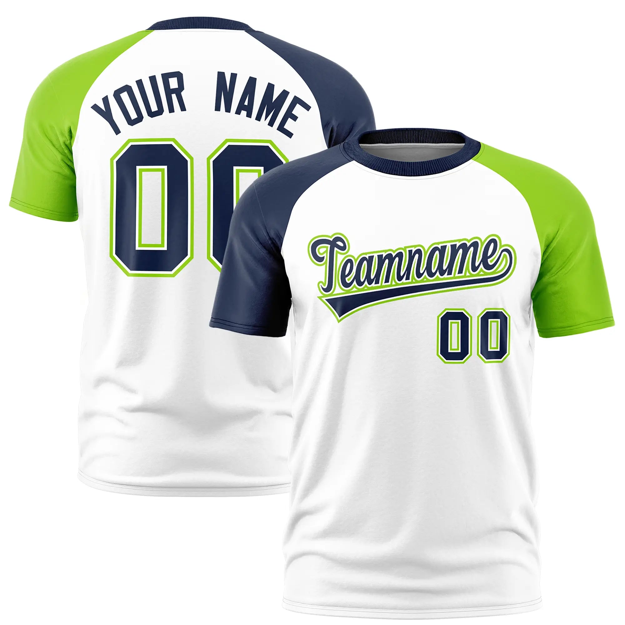 Custom White Navy-Neon Green Crew Neck Two Tone Sleeve Design  Performance T-Shirt