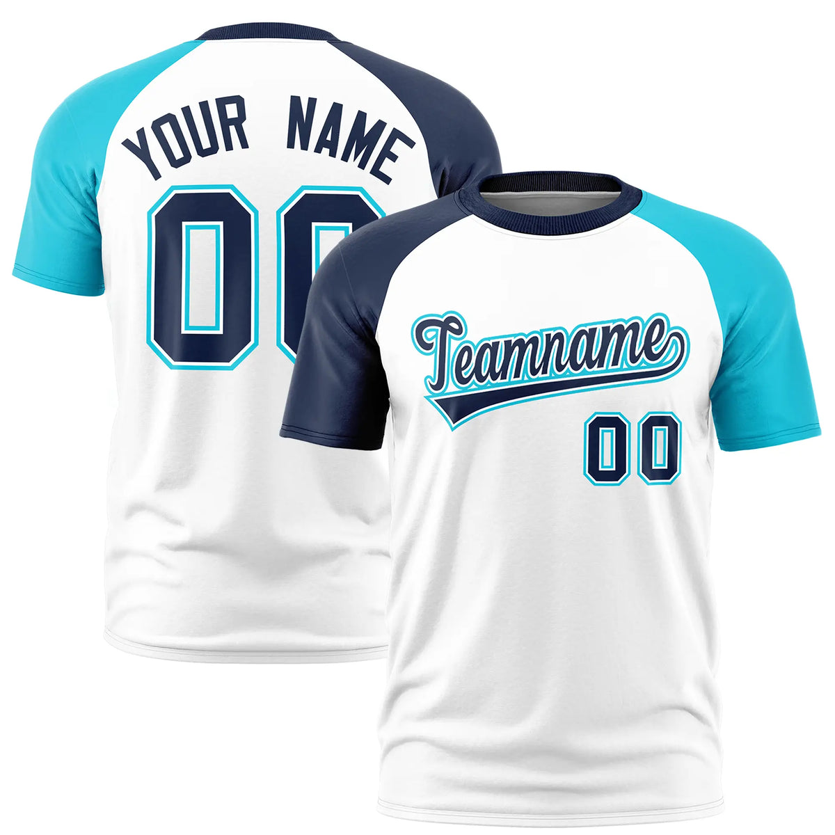 Custom White Navy-Sky Blue Crew Neck Two Tone Sleeve Design  Performance T-Shirt