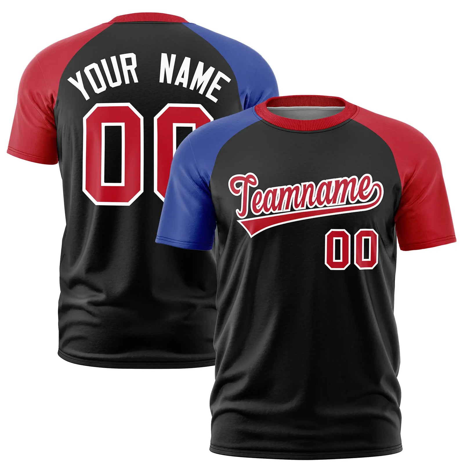 Custom Black Royal Blue-Red Crew Neck Two Tone Sleeve Design  Performance T-Shirt