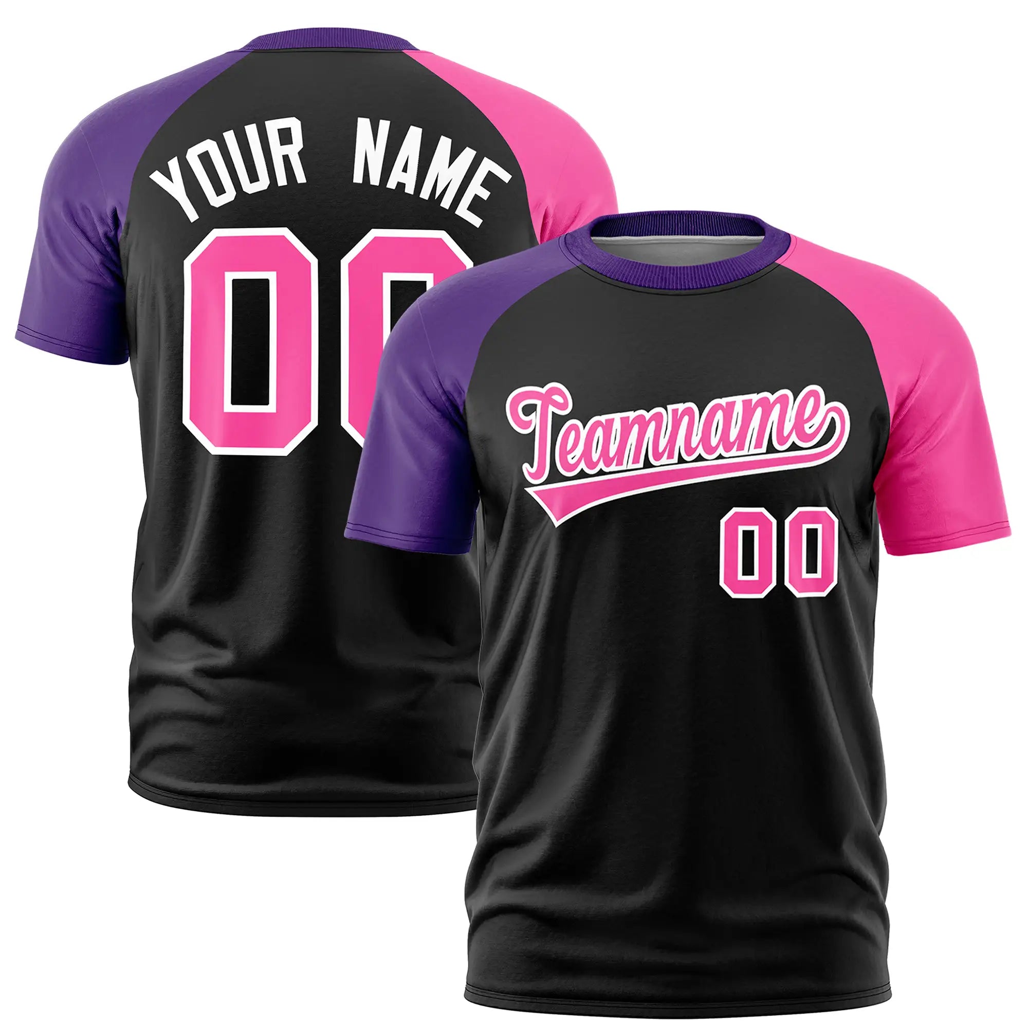 Custom Black Purple-Pink Crew Neck Two Tone Sleeve Design  Performance T-Shirt