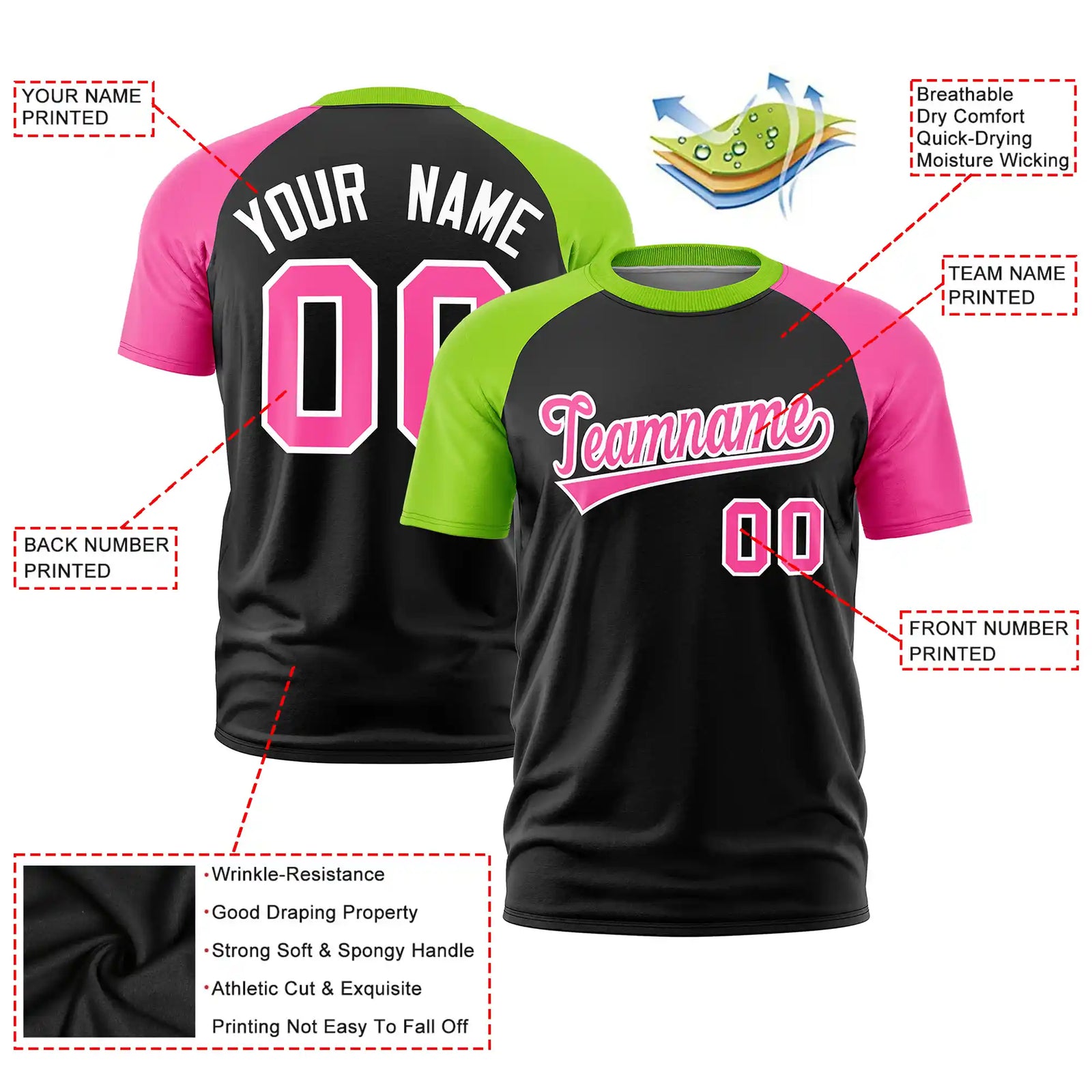 Custom Black Neon Green-Pink Crew Neck Two Tone Sleeve Design  Performance T-Shirt