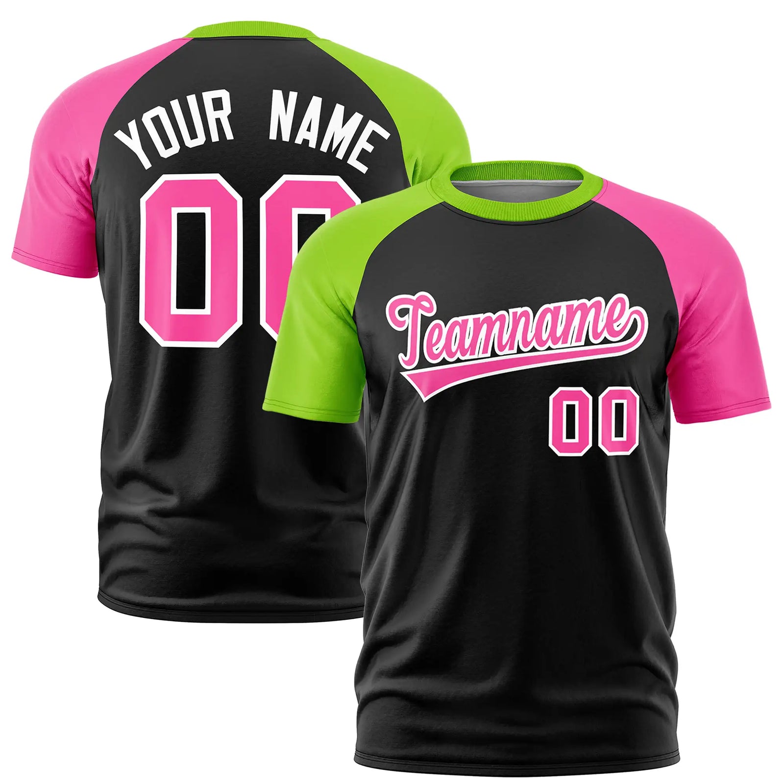Custom Black Neon Green-Pink Crew Neck Two Tone Sleeve Design  Performance T-Shirt
