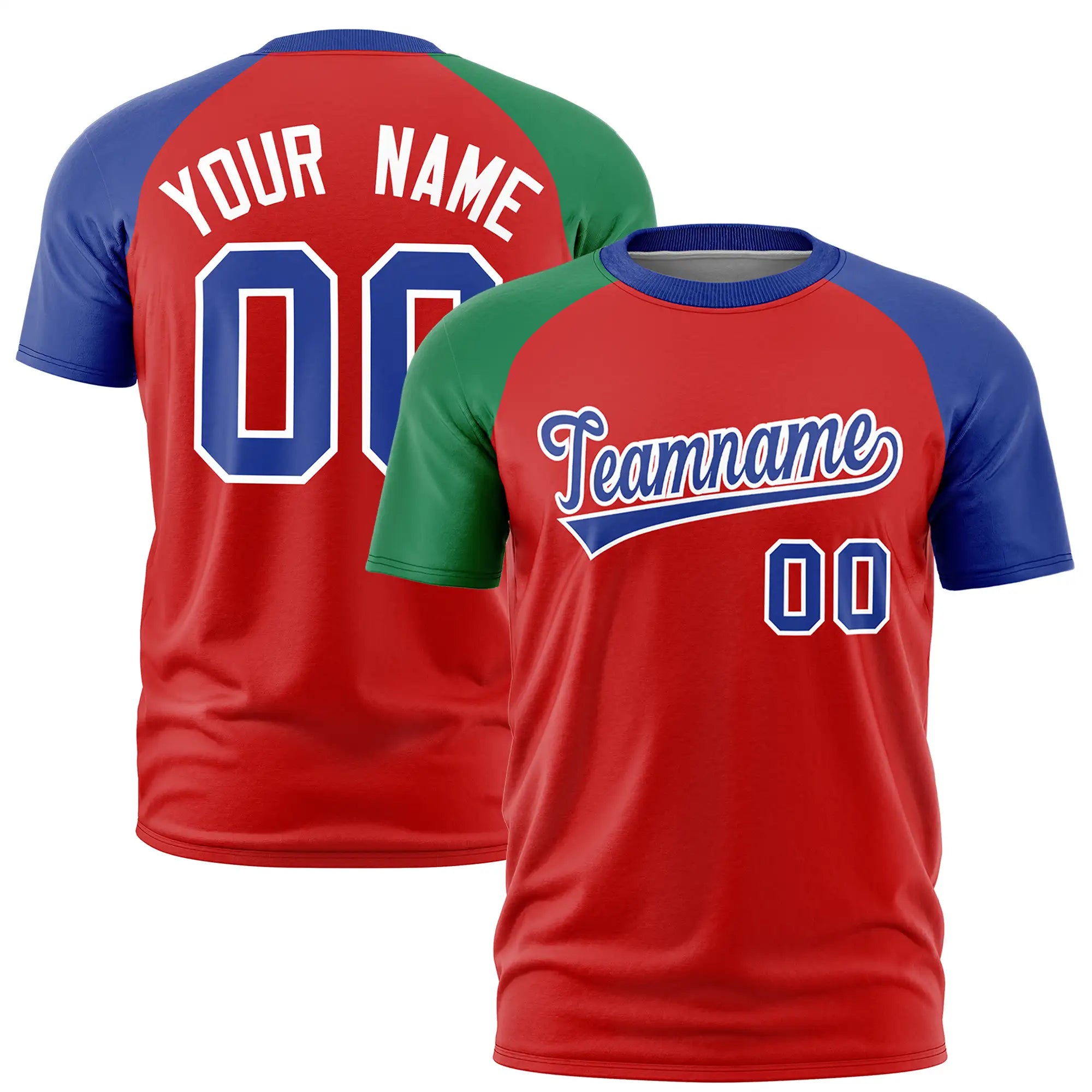 Custom Red Kelly Green-Royal Blue Crew Neck Two Tone Sleeve Design  Performance T-Shirt