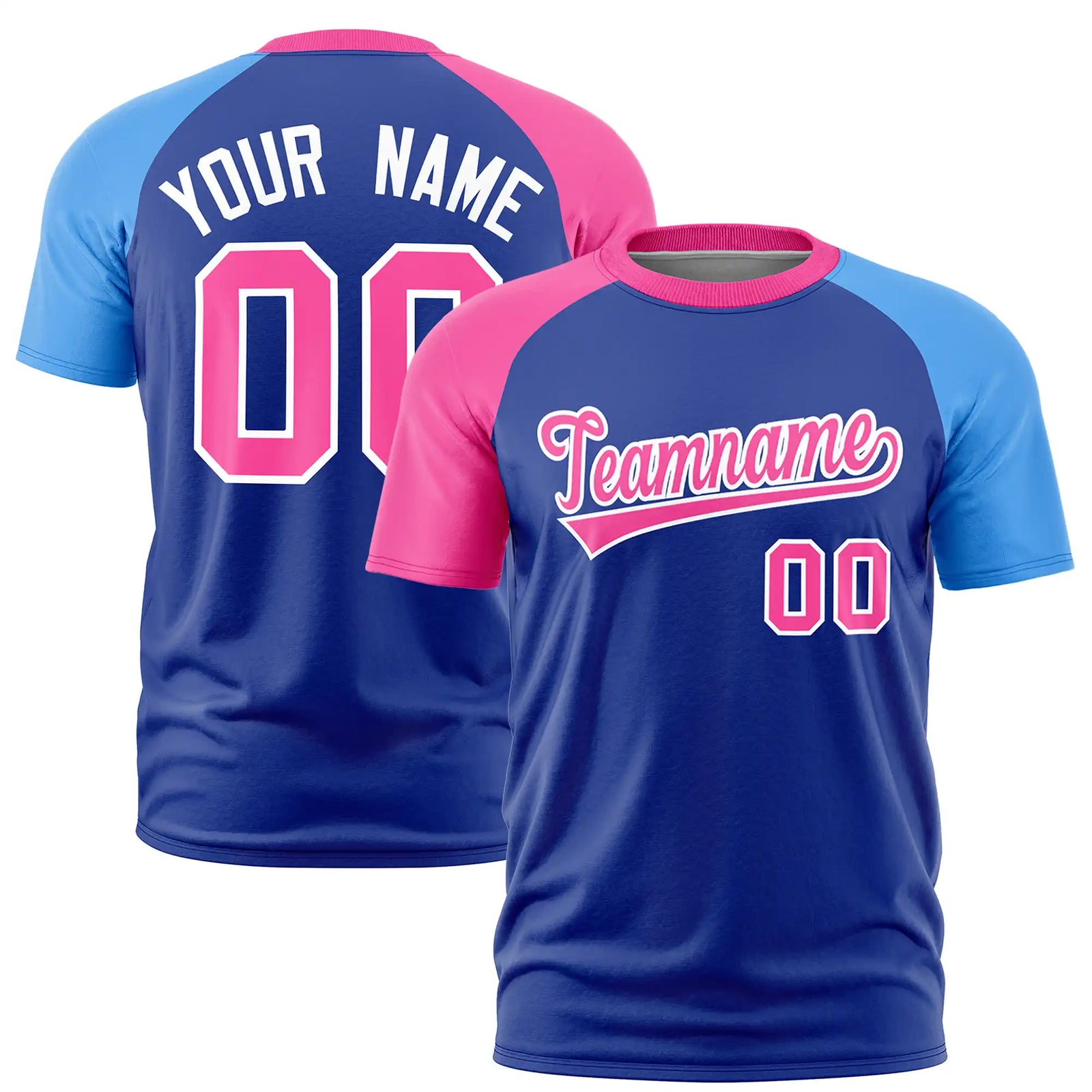 Custom Royal Blue Pink-Powder Blue Crew Neck Two Tone Sleeve Design  Performance T-Shirt