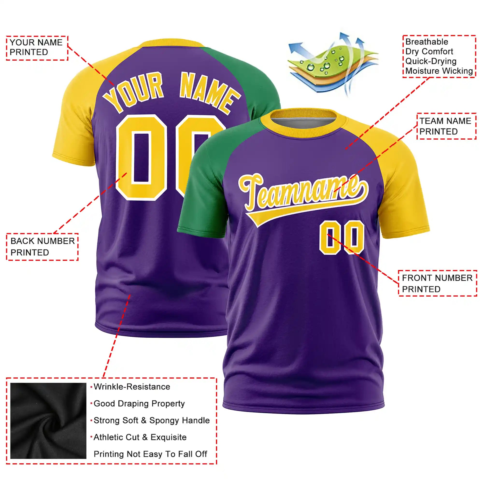 Custom Purple Kelly Green-Gold01 Crew Neck Two Tone Sleeve Design  Performance T-Shirt