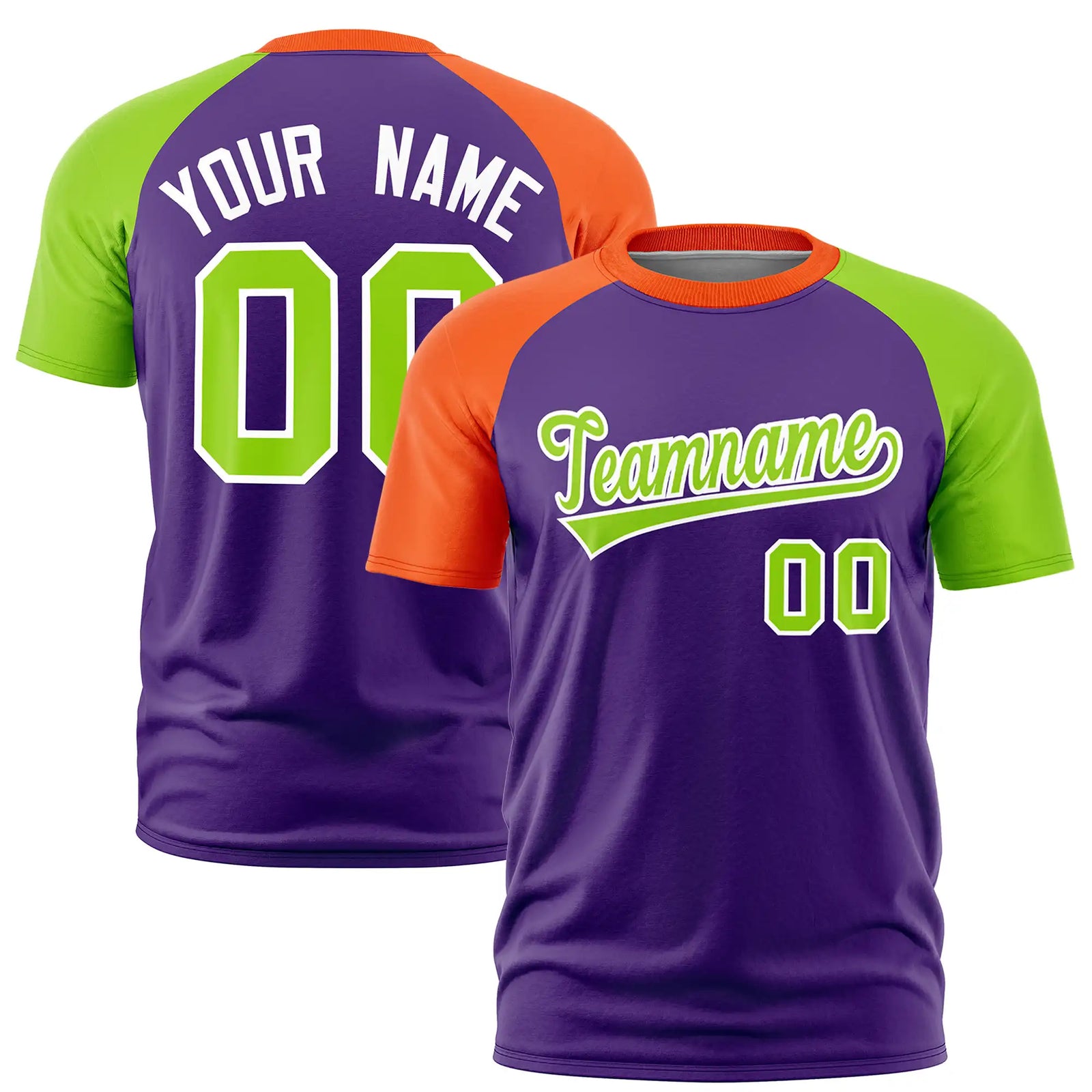 Custom Purple Orange-Neon Green Crew Neck Two Tone Sleeve Design  Performance T-Shirt