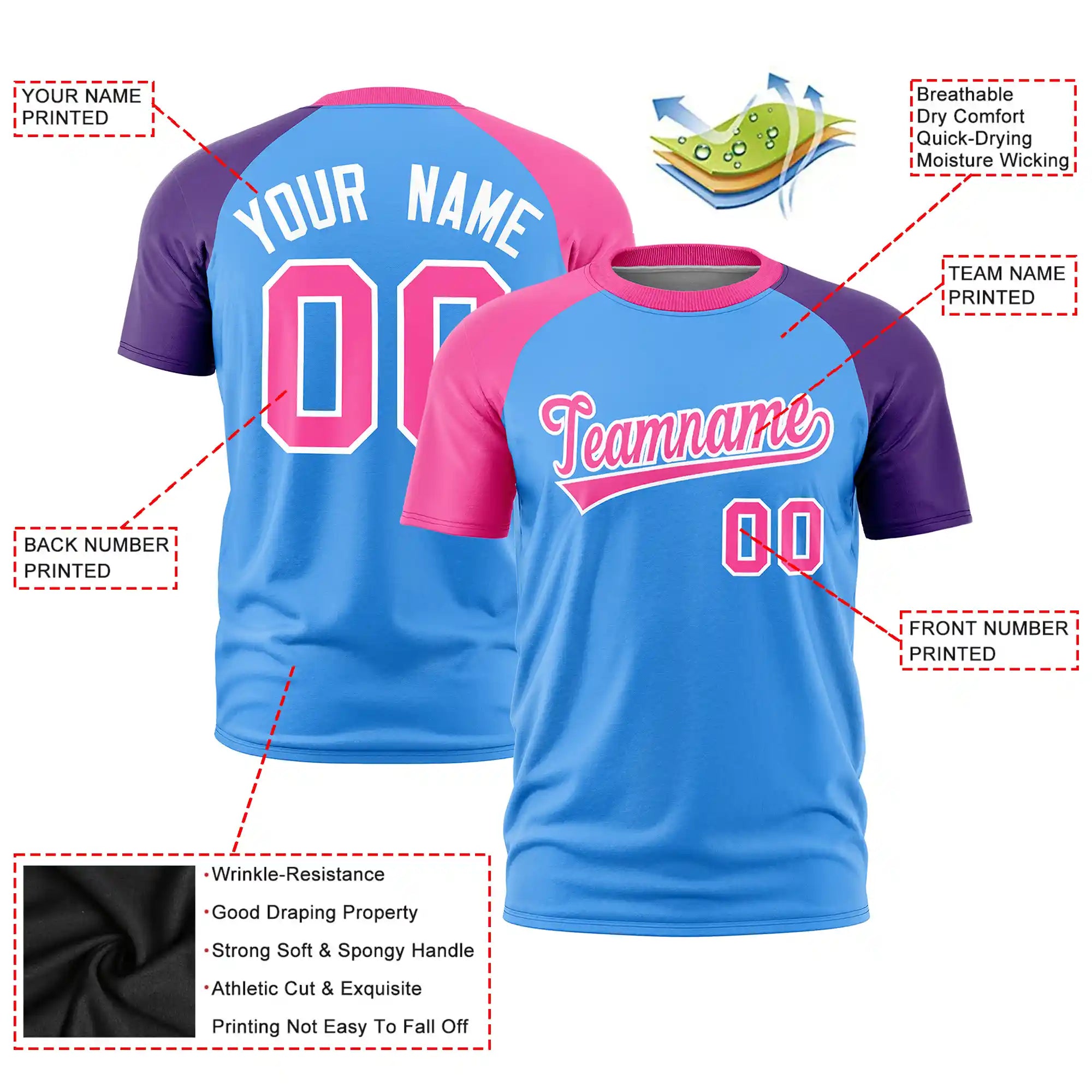 Custom Powder Blue Pink-Purple Crew Neck Two Tone Sleeve Design  Performance T-Shirt