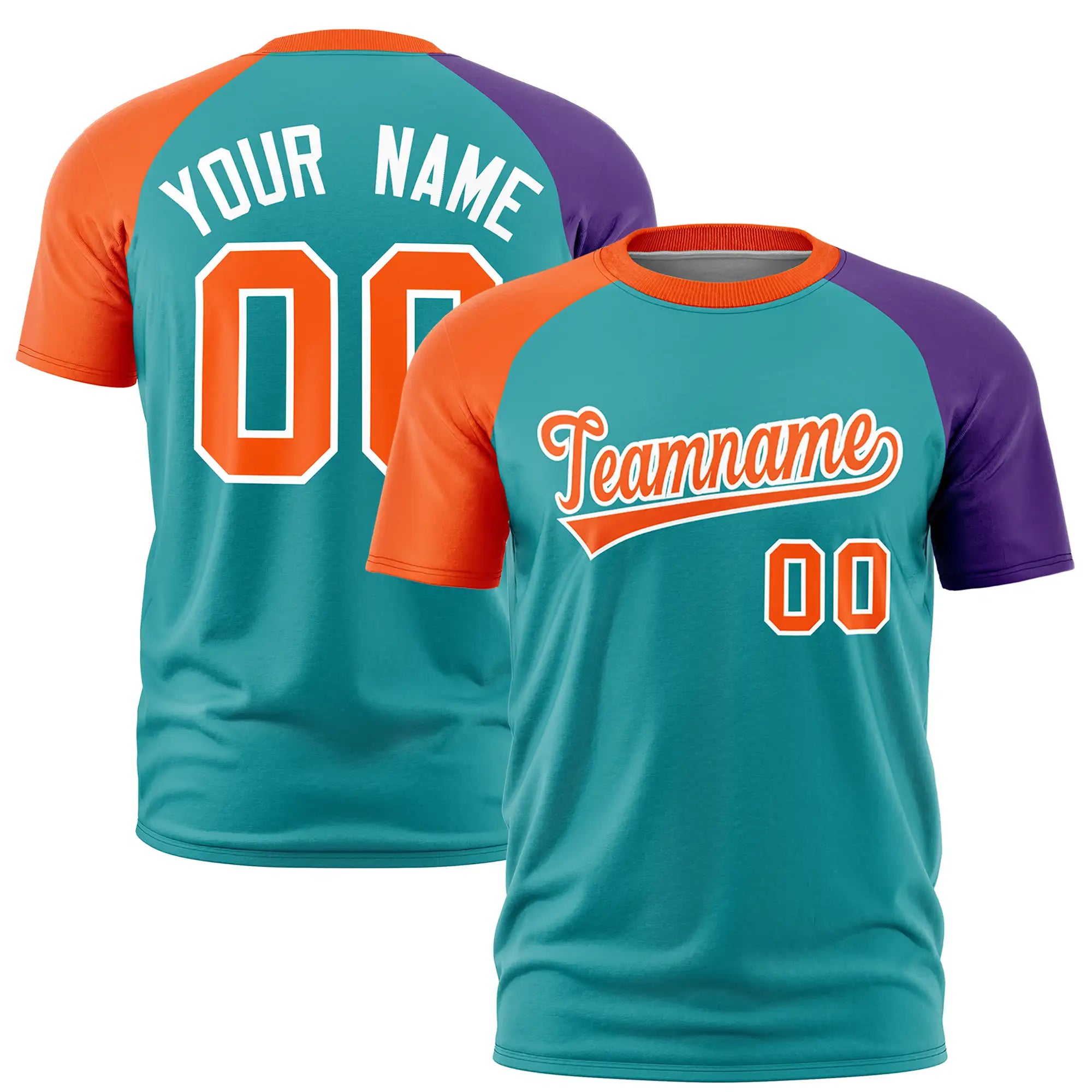 Custom Aqua Orange-Purple Crew Neck Two Tone Sleeve Design  Performance T-Shirt