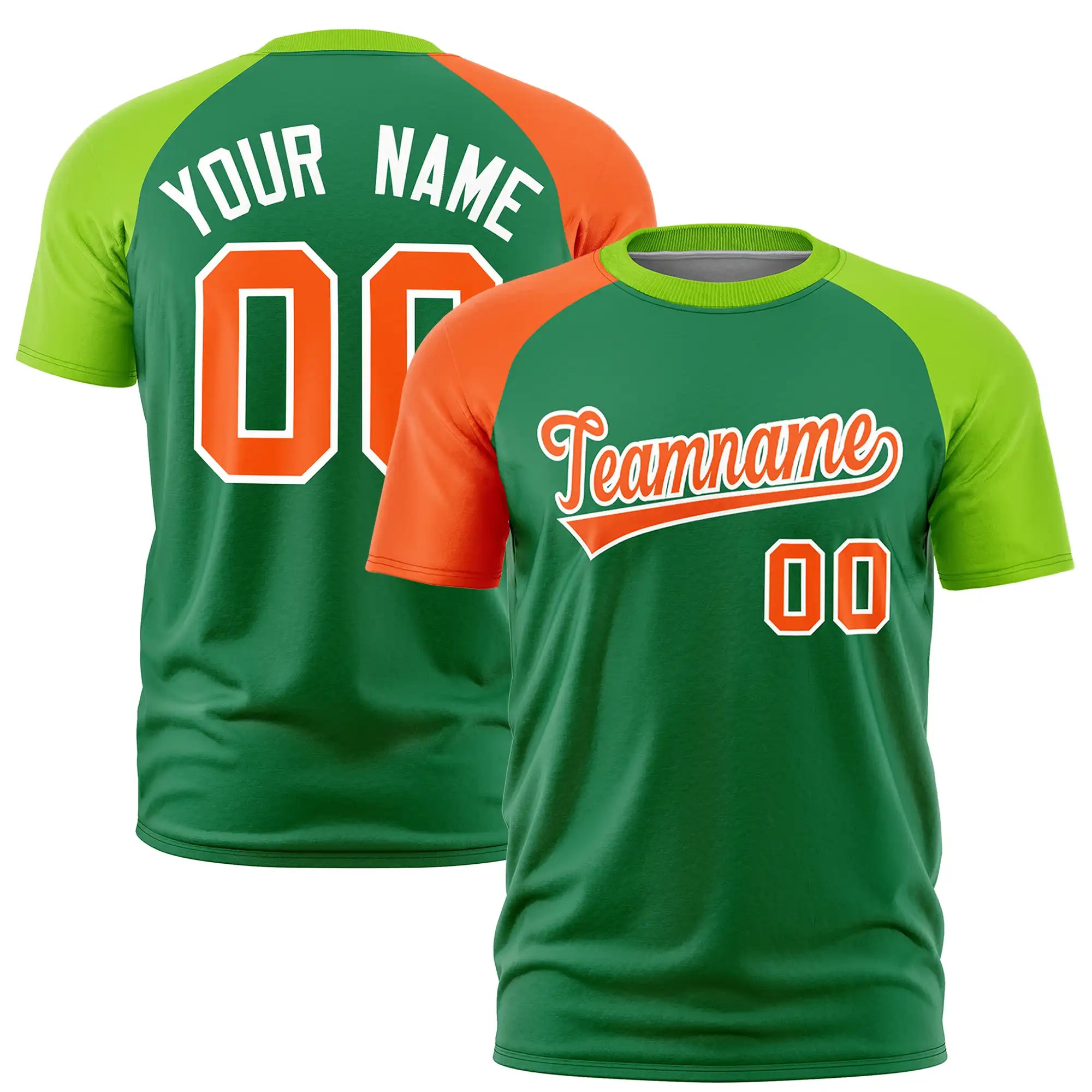 Custom Kelly Green Orange-Neon Green Crew Neck Two Tone Sleeve Design  Performance T-Shirt