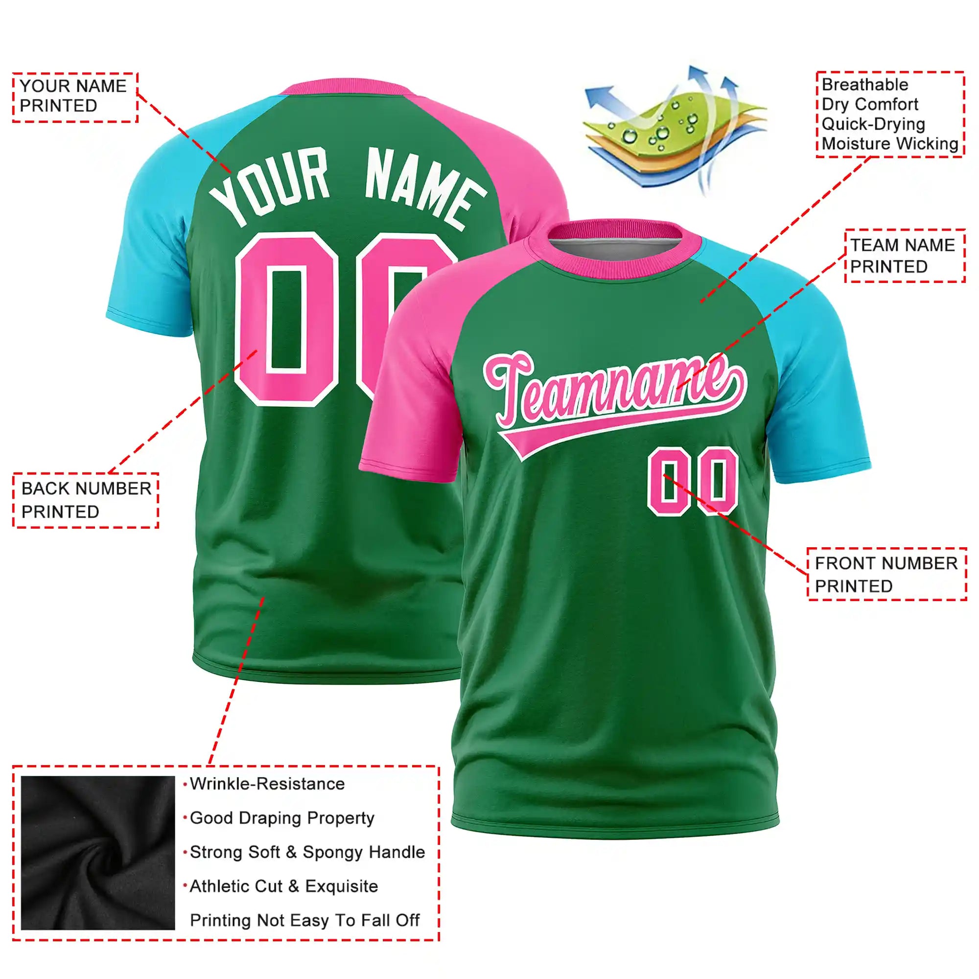Custom Kelly Green Pink-Sky Blue Crew Neck Two Tone Sleeve Design  Performance T-Shirt