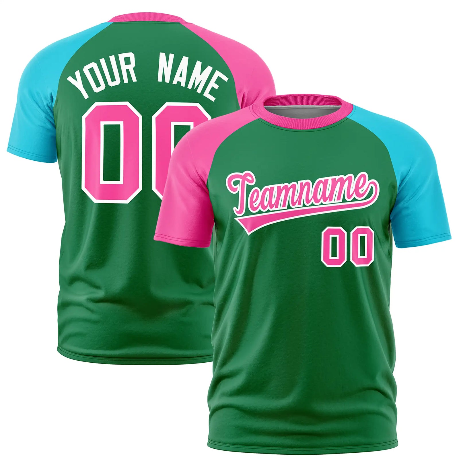 Custom Kelly Green Pink-Sky Blue Crew Neck Two Tone Sleeve Design  Performance T-Shirt