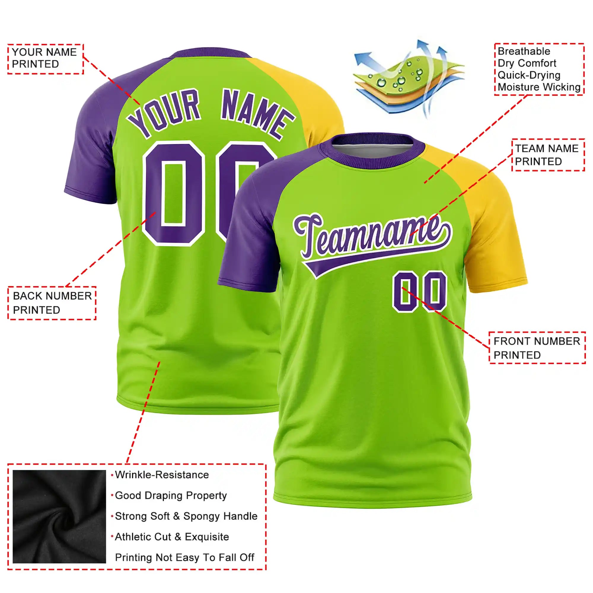 Custom Neon Green Purple-Gold01 Crew Neck Two Tone Sleeve Design  Performance T-Shirt