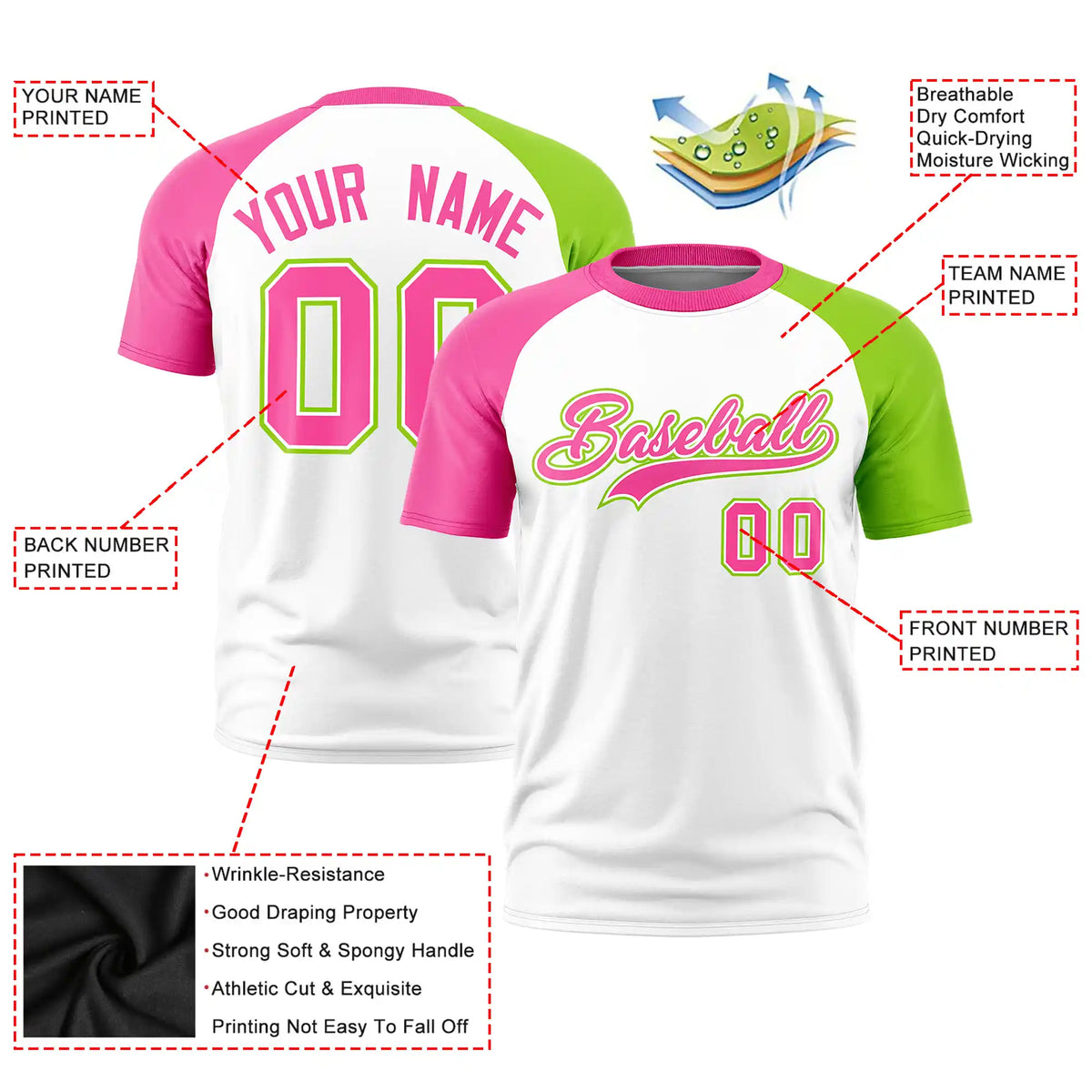 Custom White Pink-Neon Green Crew Neck Two Tone Sleeve Design  Performance T-Shirt