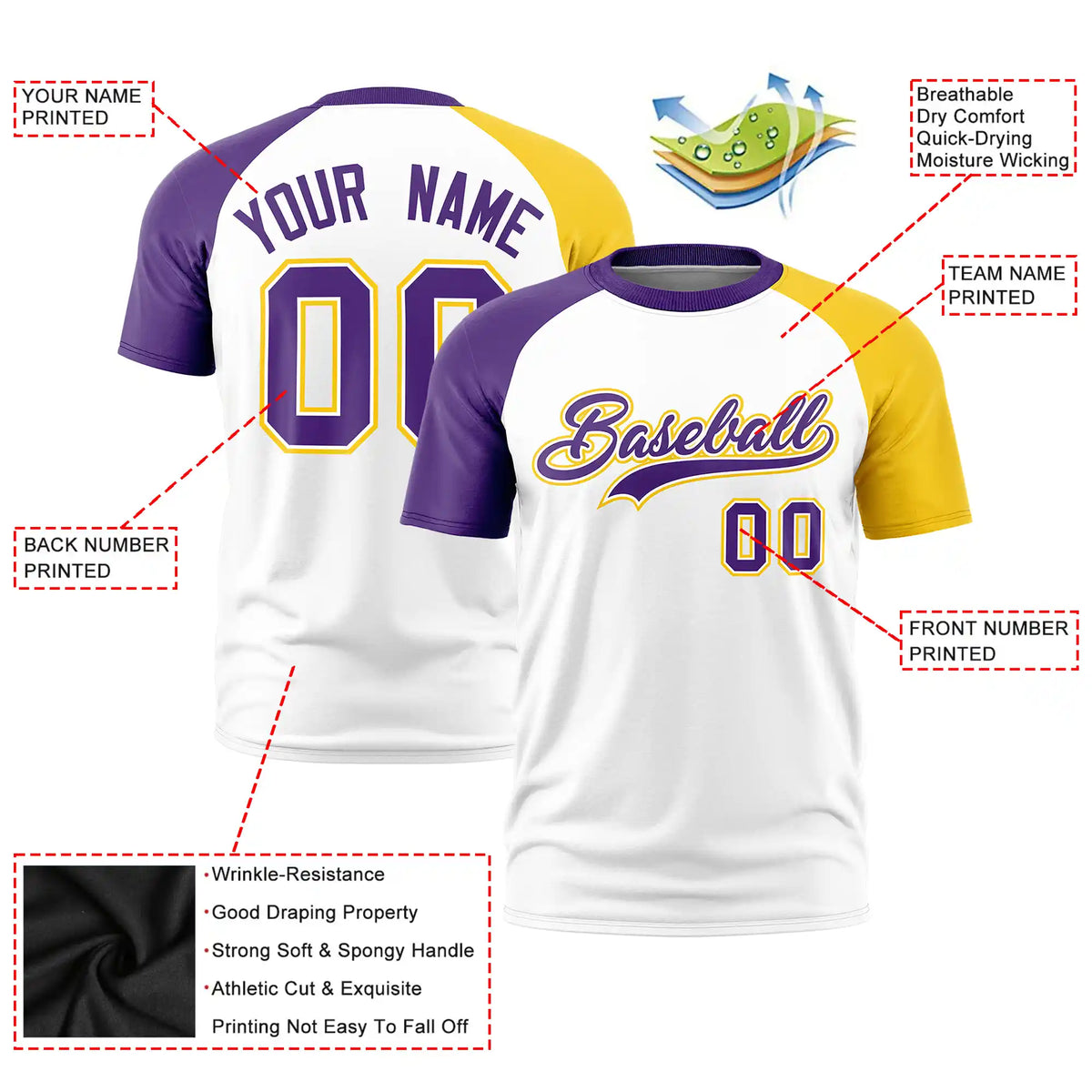 Custom White Purple-Gold01 Crew Neck Two Tone Sleeve Design  Performance T-Shirt