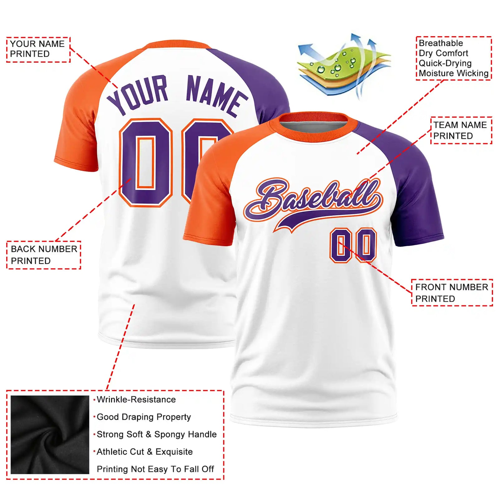 Custom White Orange-Purple Crew Neck Two Tone Sleeve Design  Performance T-Shirt