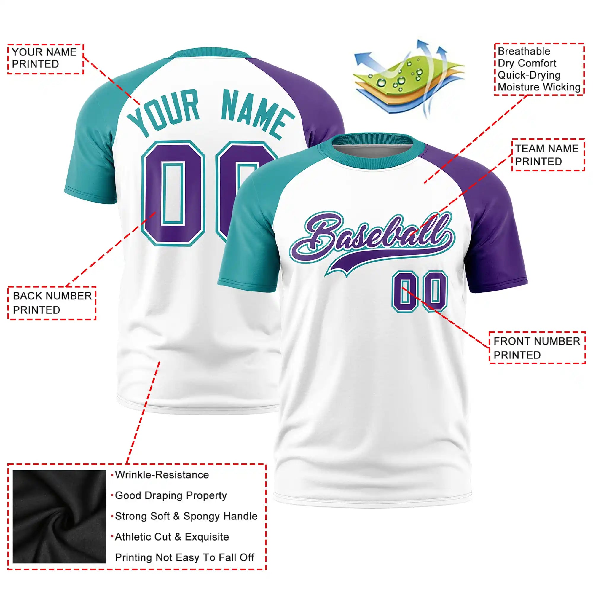 Custom White Aqua-Purple Crew Neck Two Tone Sleeve Design  Performance T-Shirt