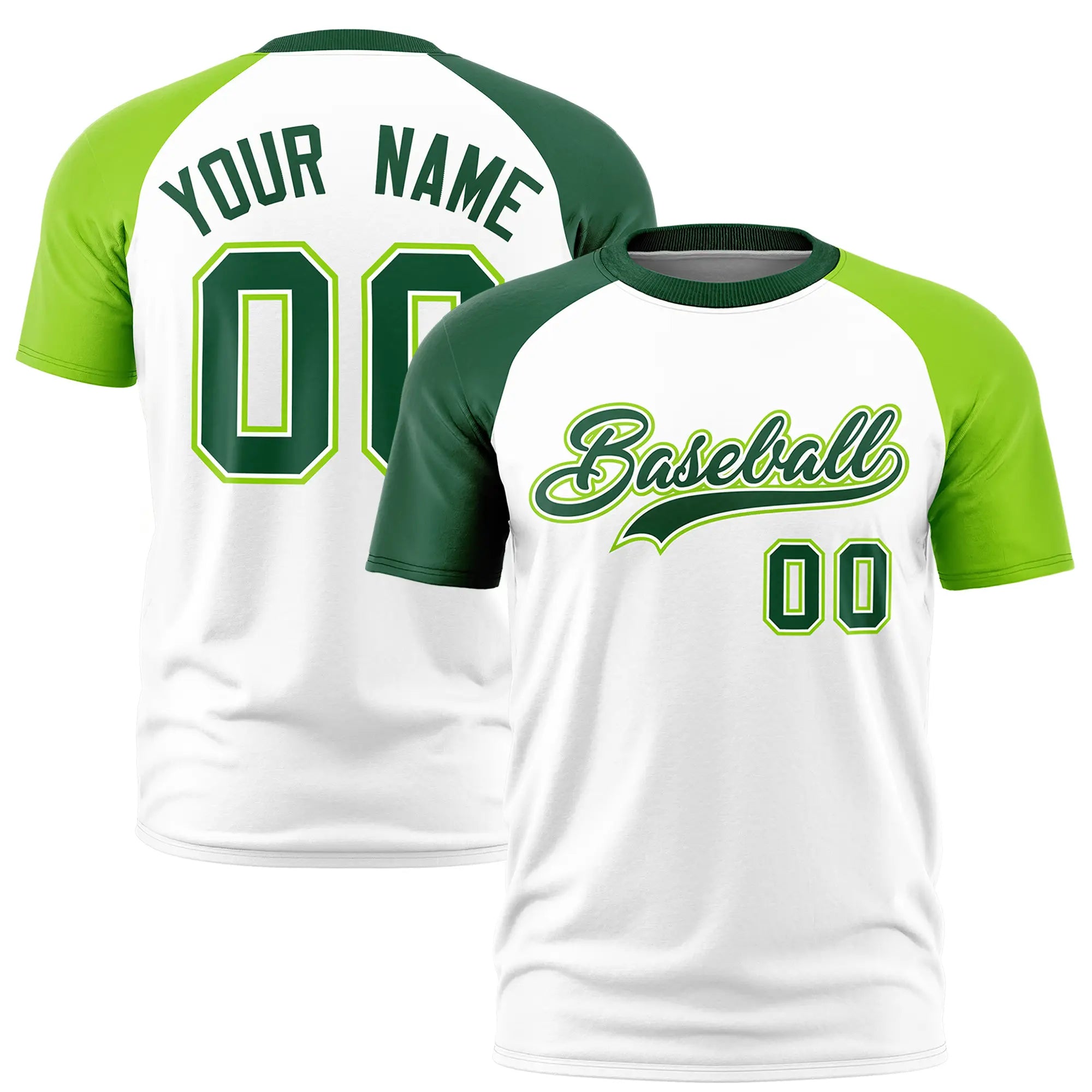 Custom White Green-Neon Green Crew Neck Two Tone Sleeve Design  Performance T-Shirt